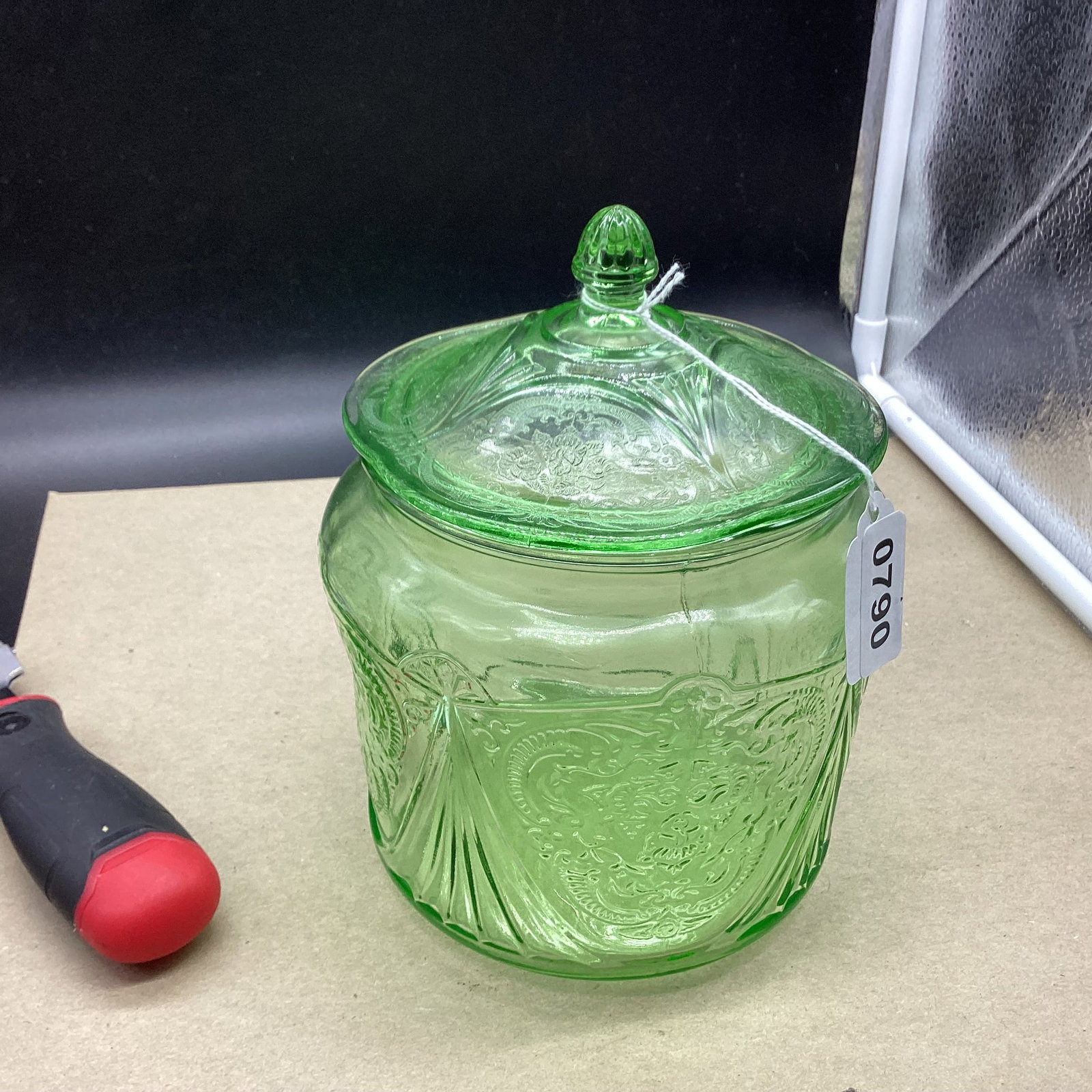 DEPRESSION GREEN ROYAL LACE COOKIE JAR URANIUM GLASS: 6 1/2"T X 5 1/2" W GOOD SHAPE