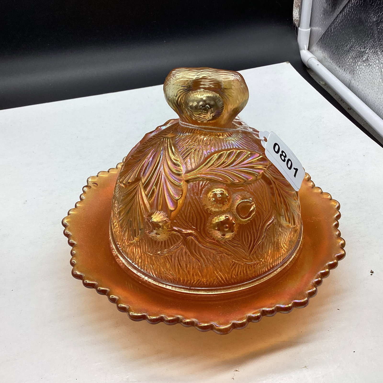 NORTHWOOD ACORN & BUR CARNIVAL BUTTER DISH: 5 1/2 X 7 1/2 GOOD SHAPE