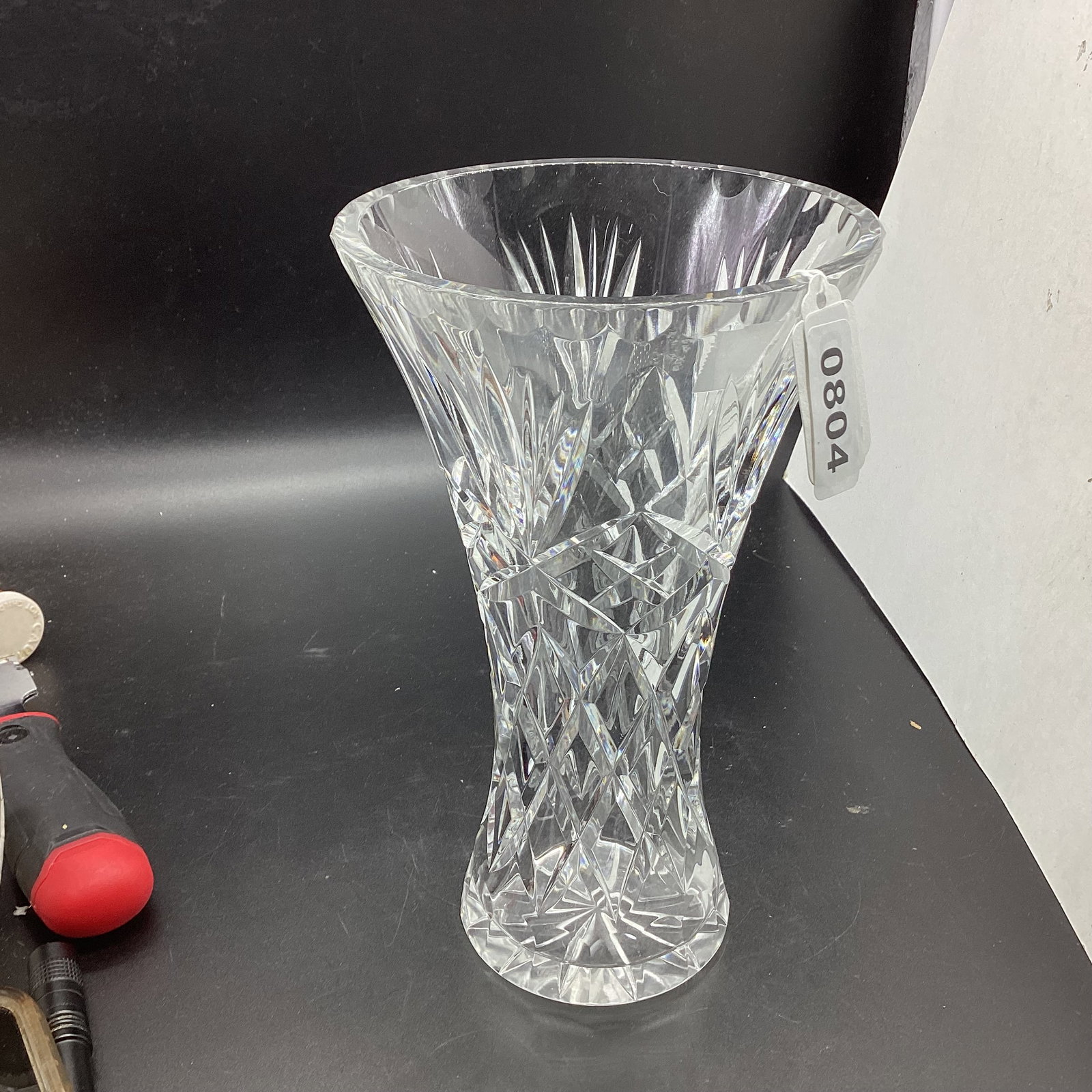 CUT GLASS VASE: 9" TALL GOOD SHAPE