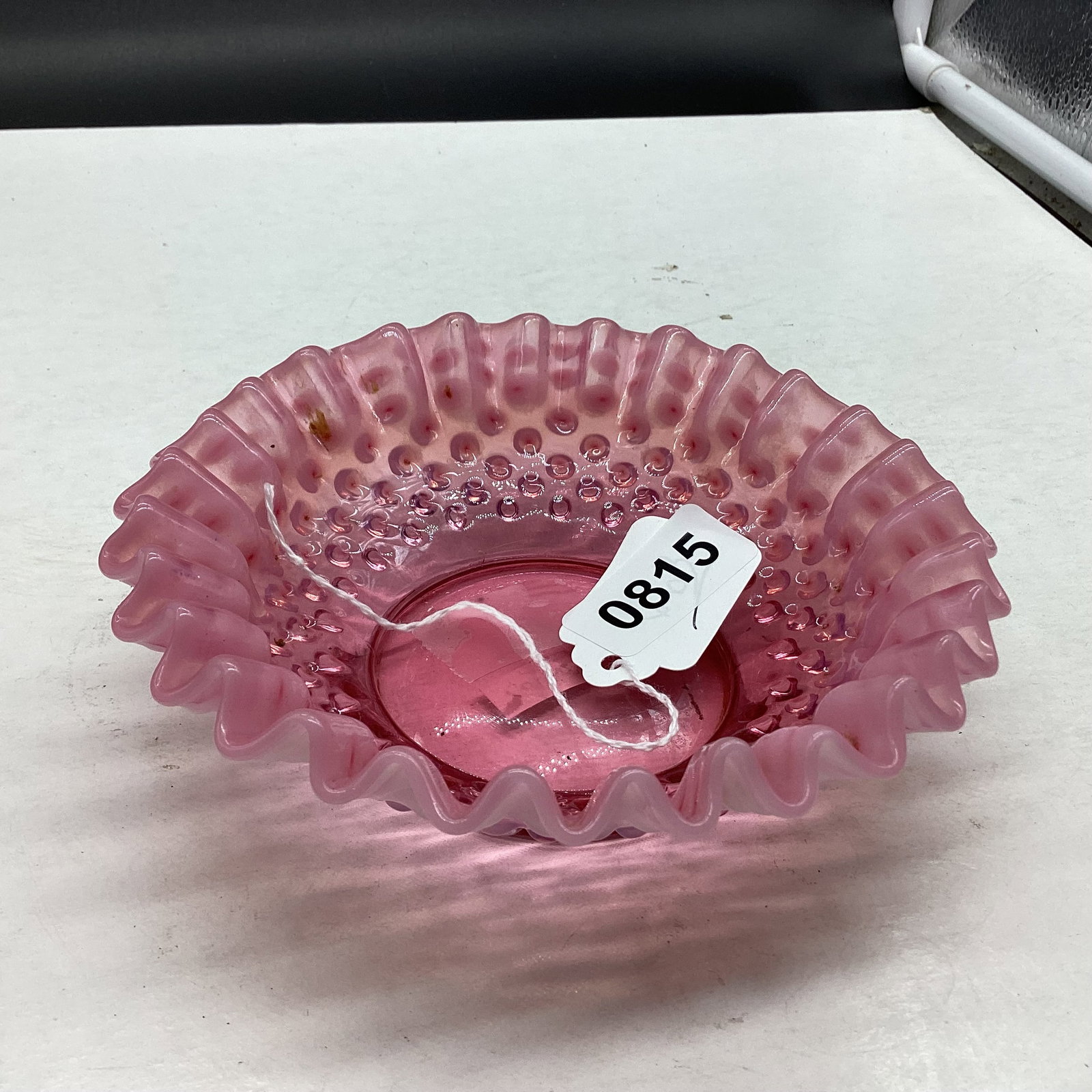 FENTON CRANBERRY OPALESCENT HOBNAIL BOWL: 1 3/4" X 5 3/4" GOOD SHAPE