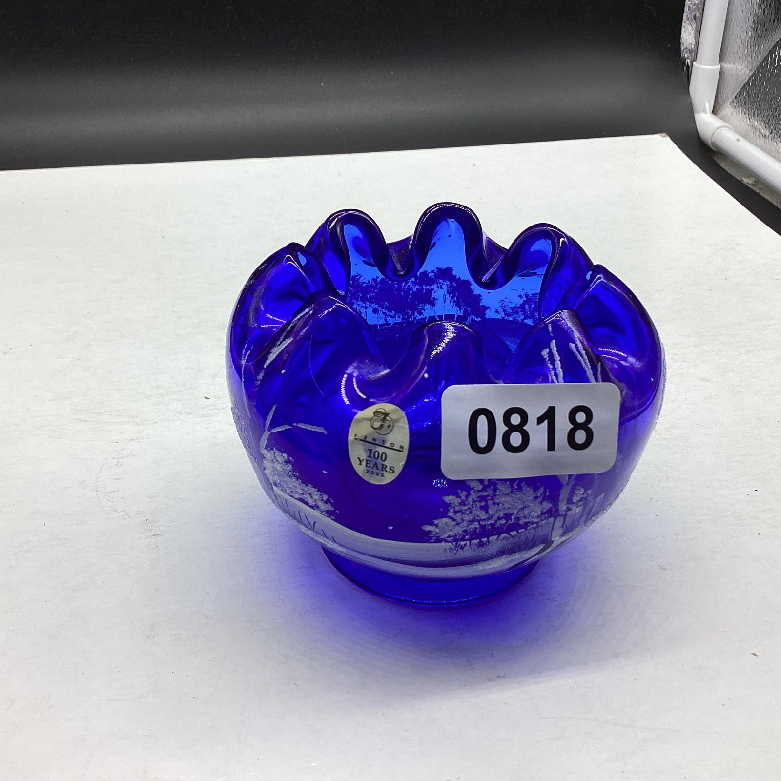 FENTON SIGN BY ARTIST COBALT ROSE BOWL: 3 1/2 X 4 GOOD SHAPE