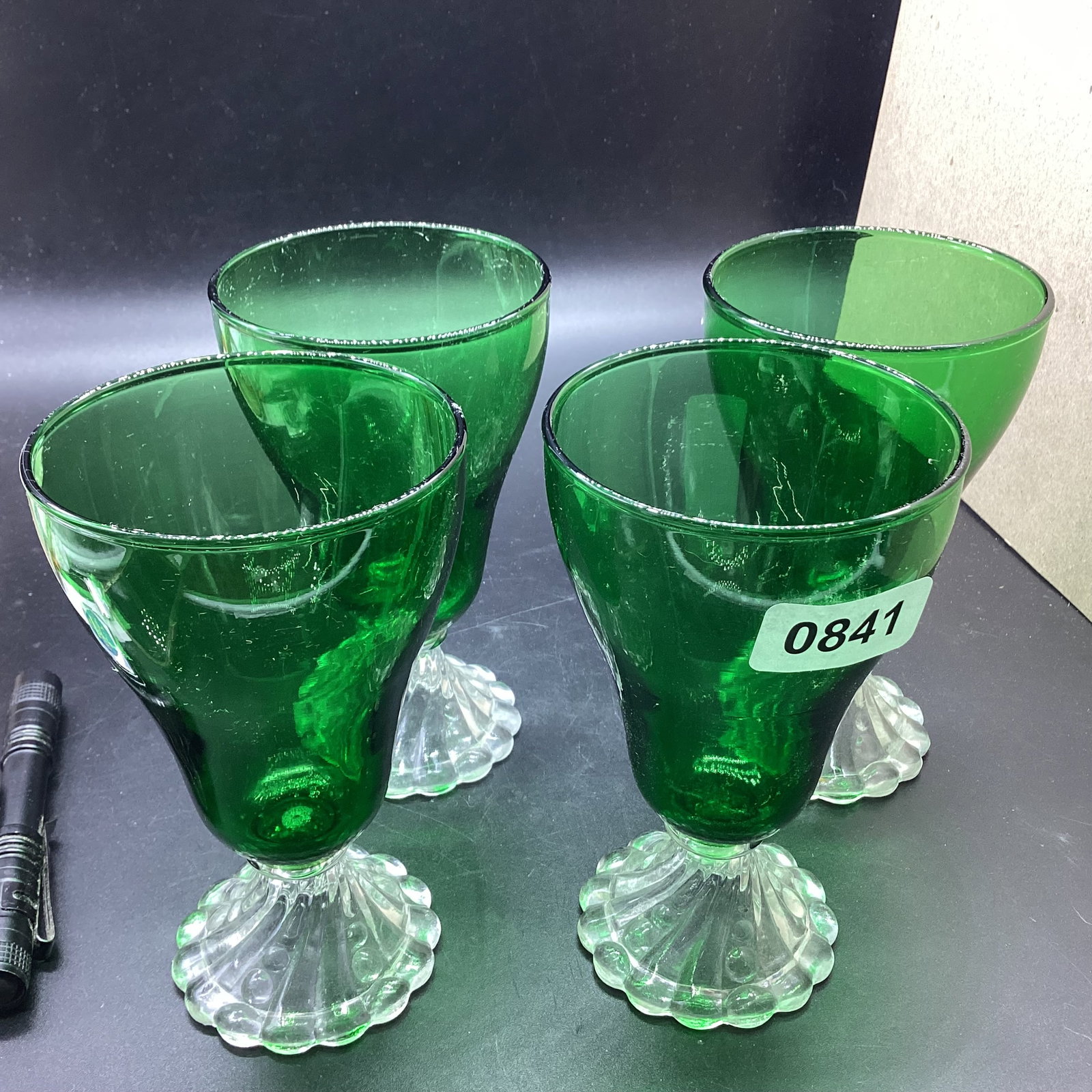 4 DEPRESSION FOREST GREEN WATER GLASSES W/BURPLE FEET: 5 3/4" TALL GOOD SHAPE