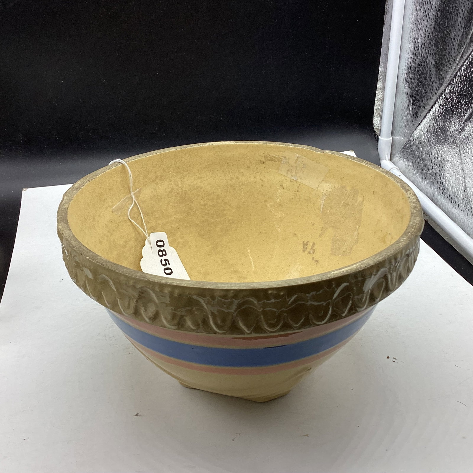 VINTAGE BLUE BANDED STHONEWARE BOWL: 5 X 8 1/2 GOOD SHAPE