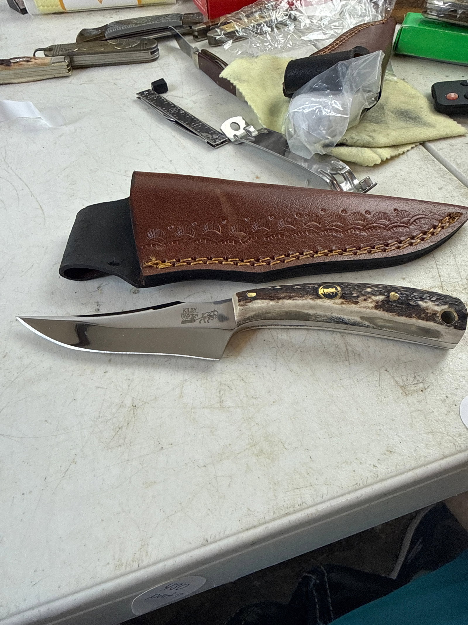 Kilby stag fixed blade usa designed in Kentucky skinner with sheath: Never used or carried 7inch tip to end