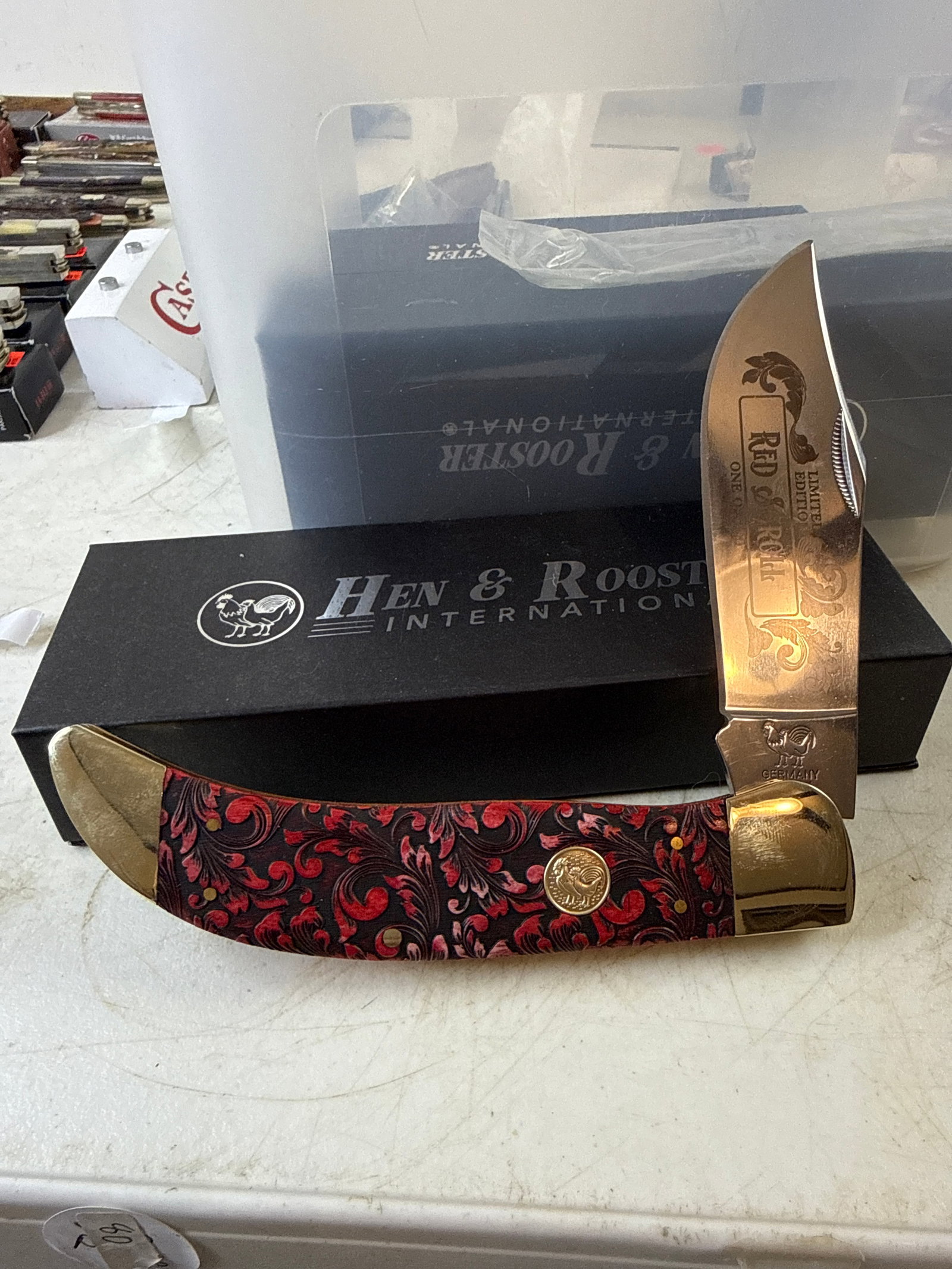 Hen and rooster 1 of 200 red scroll clasp knife large: New in box