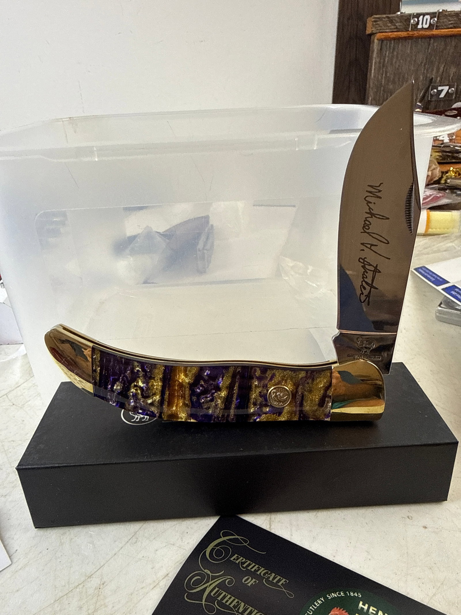 Hen and rooster Michael Prather custom signature series clasp knife large: New in box