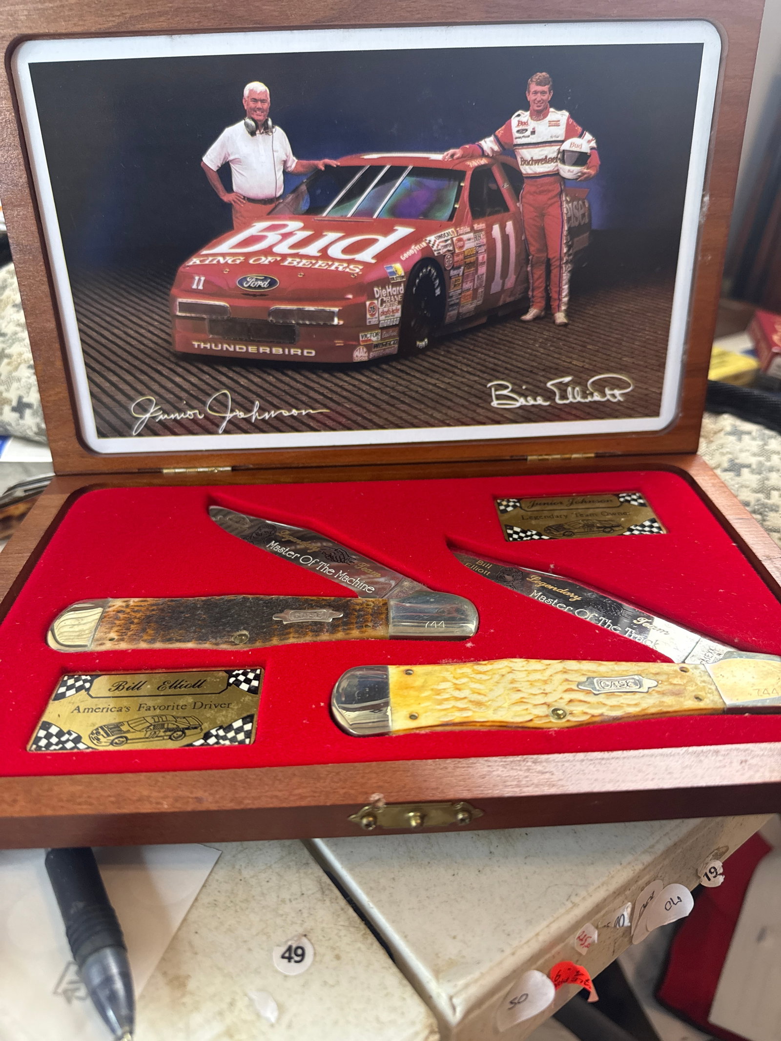 Case xx 1992 CASE XX KNIFE BILL ELLIOTT & JUNIOR JOHNSON BUDWEISER LIMITED EDITION SET (1 of 4)
