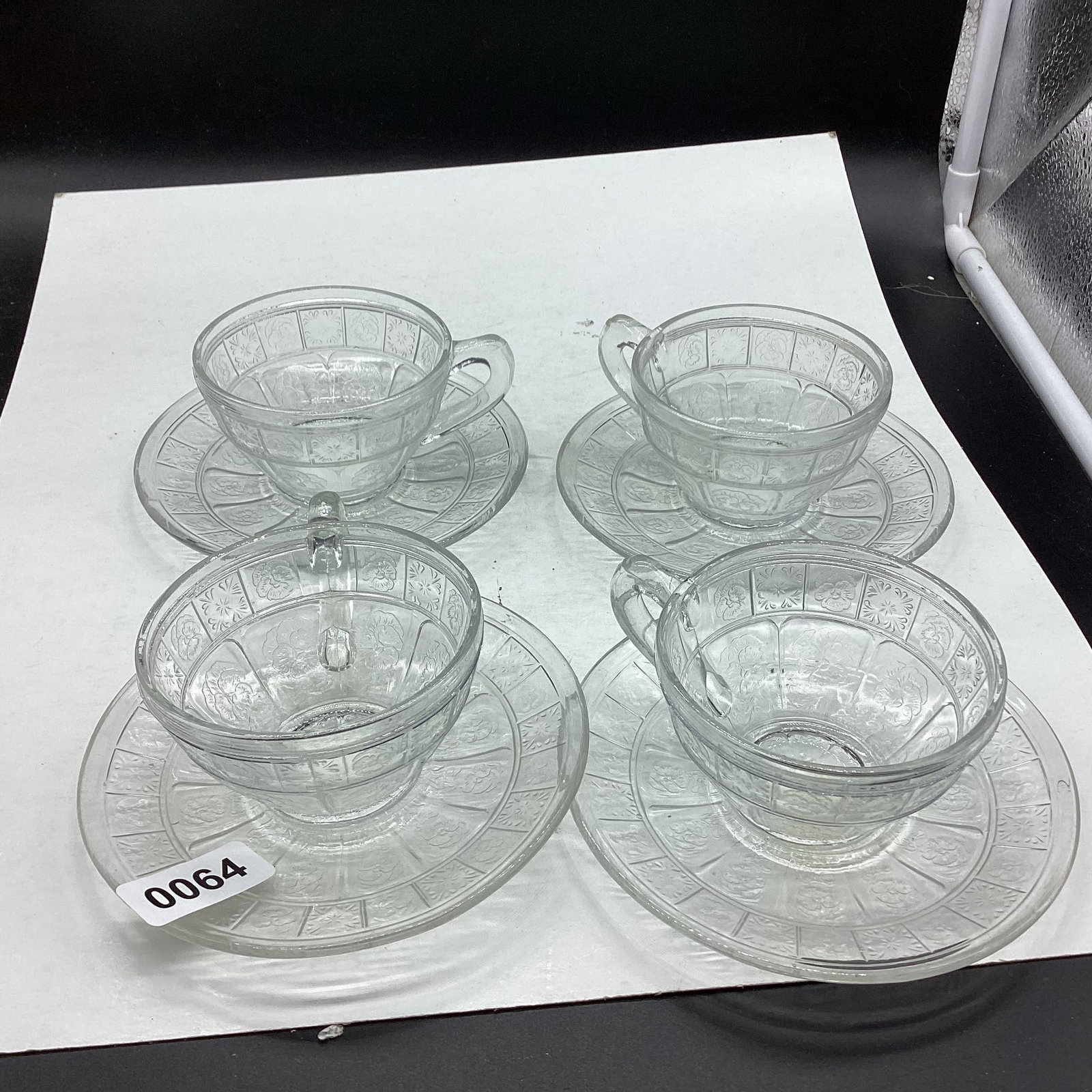 4 DEPRESSION DORRIC & PANSEY CUP & SAUCERS: GOOD SHAPE
