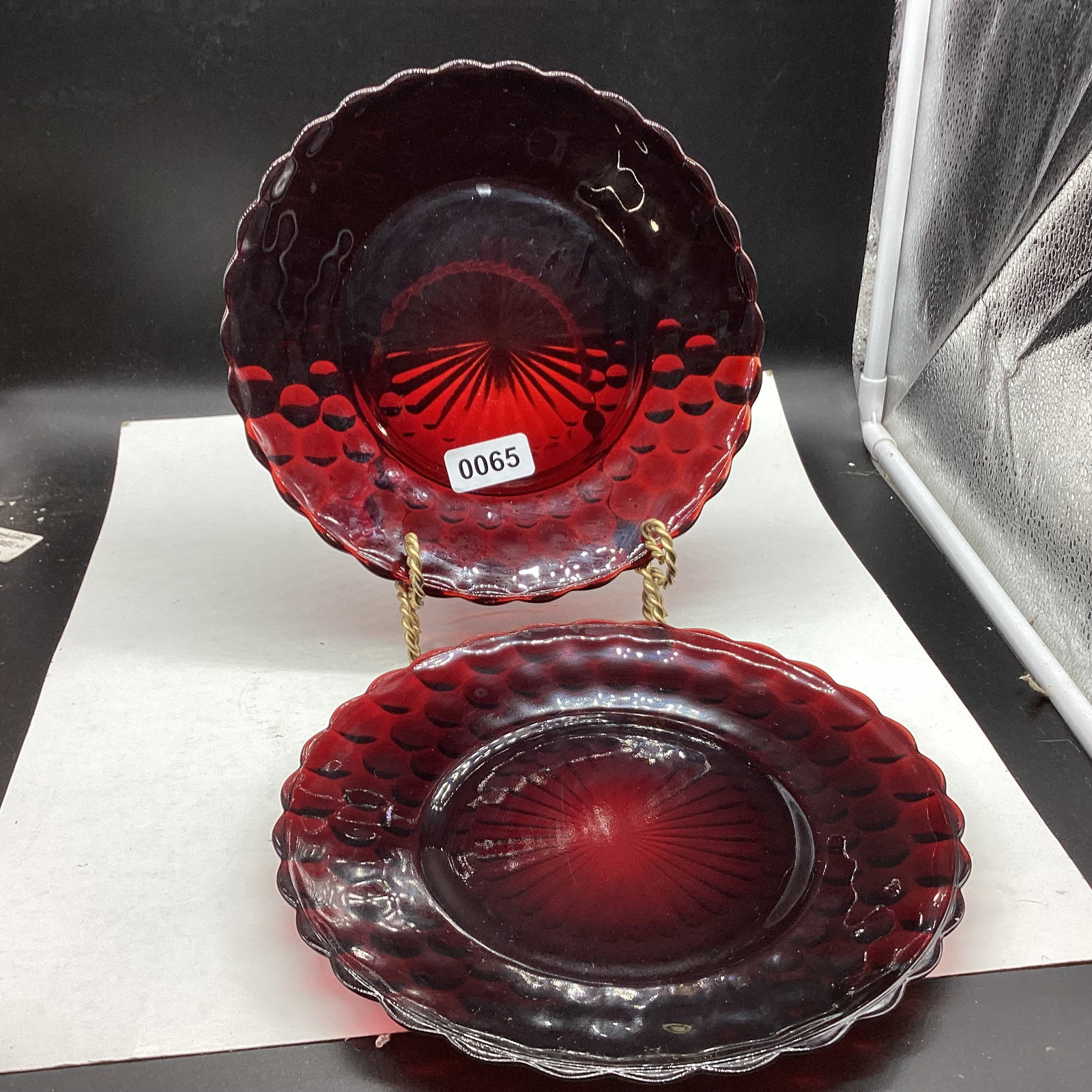 2 DEPRESSION RED BUBBLE DINNER PLATES: 9 1/2" WIDE GOOD SHAPE