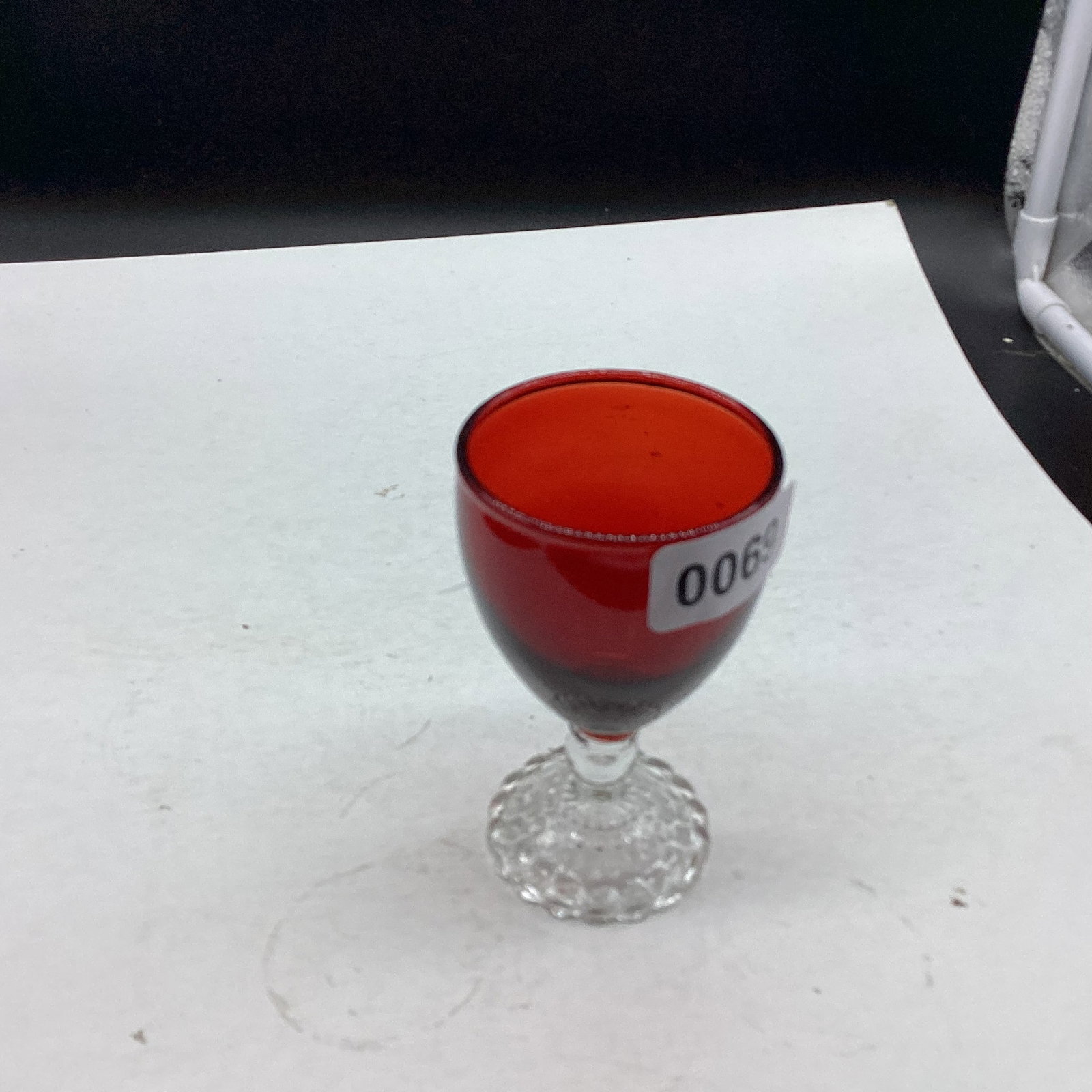 DEPRESSION RUBY RED JUICE GLASS W/CLEAR BOOPIE FEET: 4" TALL GOOD SHAPE