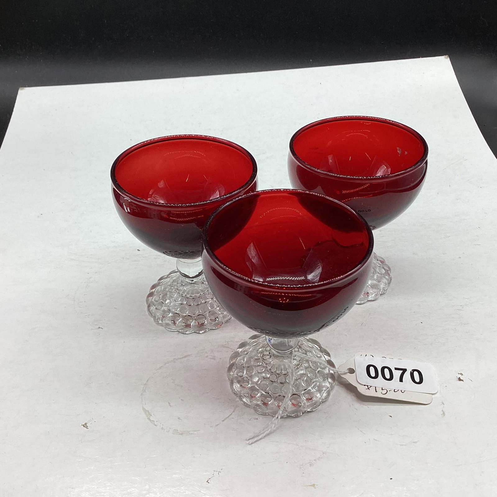 3 DEPRESSION RUBY RED COCTAILS W/CLEAR BOOPIE FEET: 3" TALL GOOD SHAPE