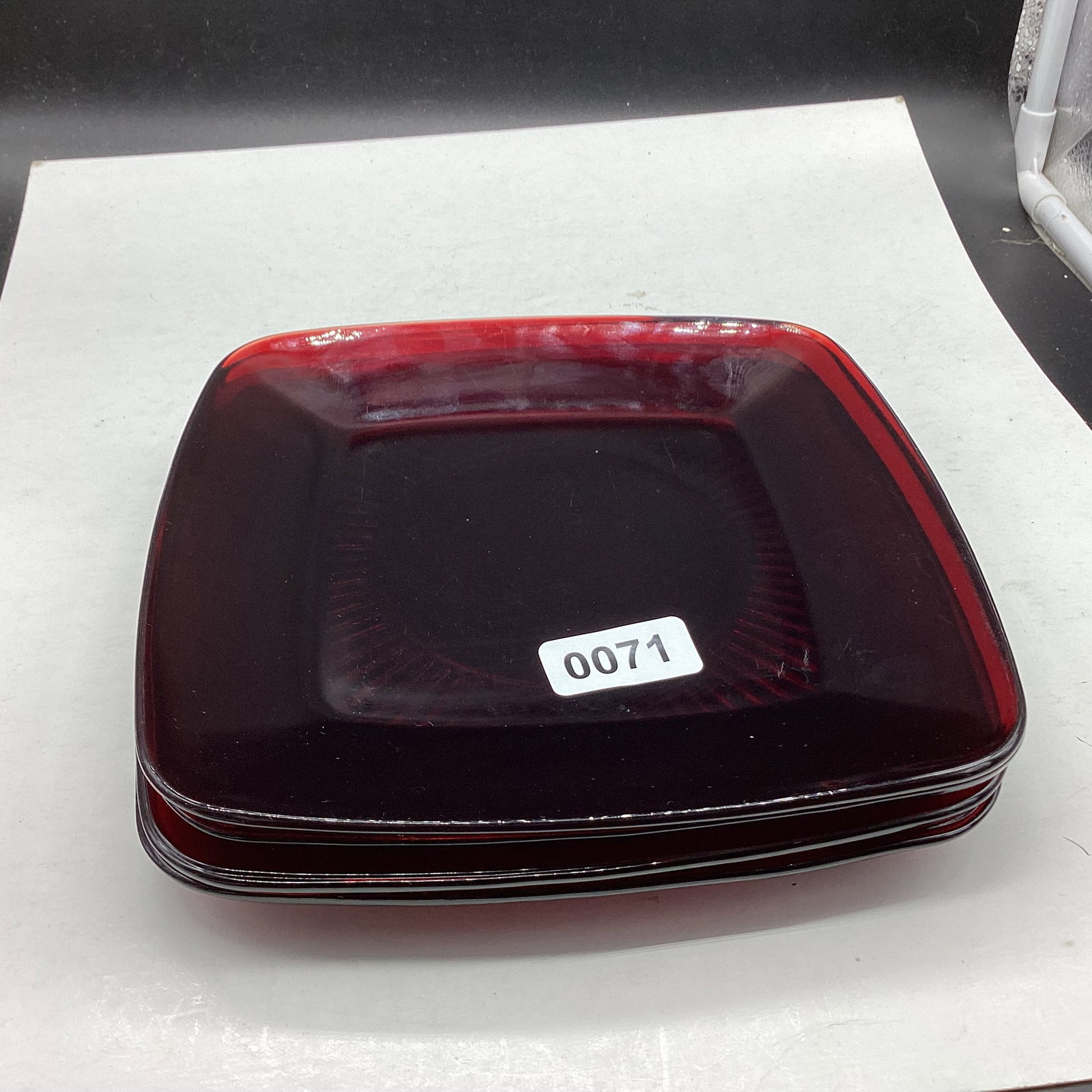 4 DEPRESSION RUBY RED PLATES: 8 1/2" WIDE GOOD SHAPE
