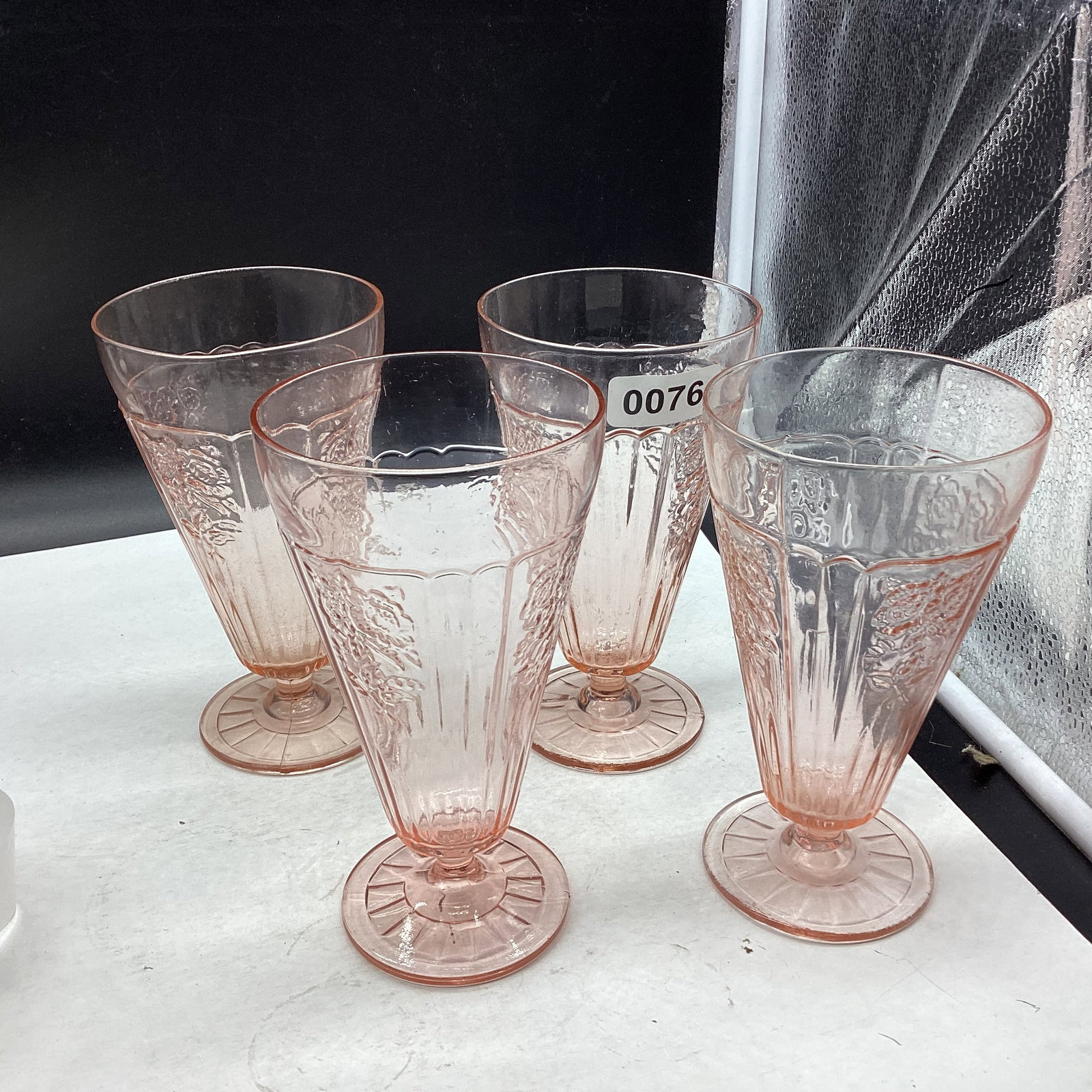 4 DEPRESSION MAYFAIR OR OPEN ROSE ICE TEA FOOTED TUMBLERS: 6 3/4" TALL GOOD SHAPE
