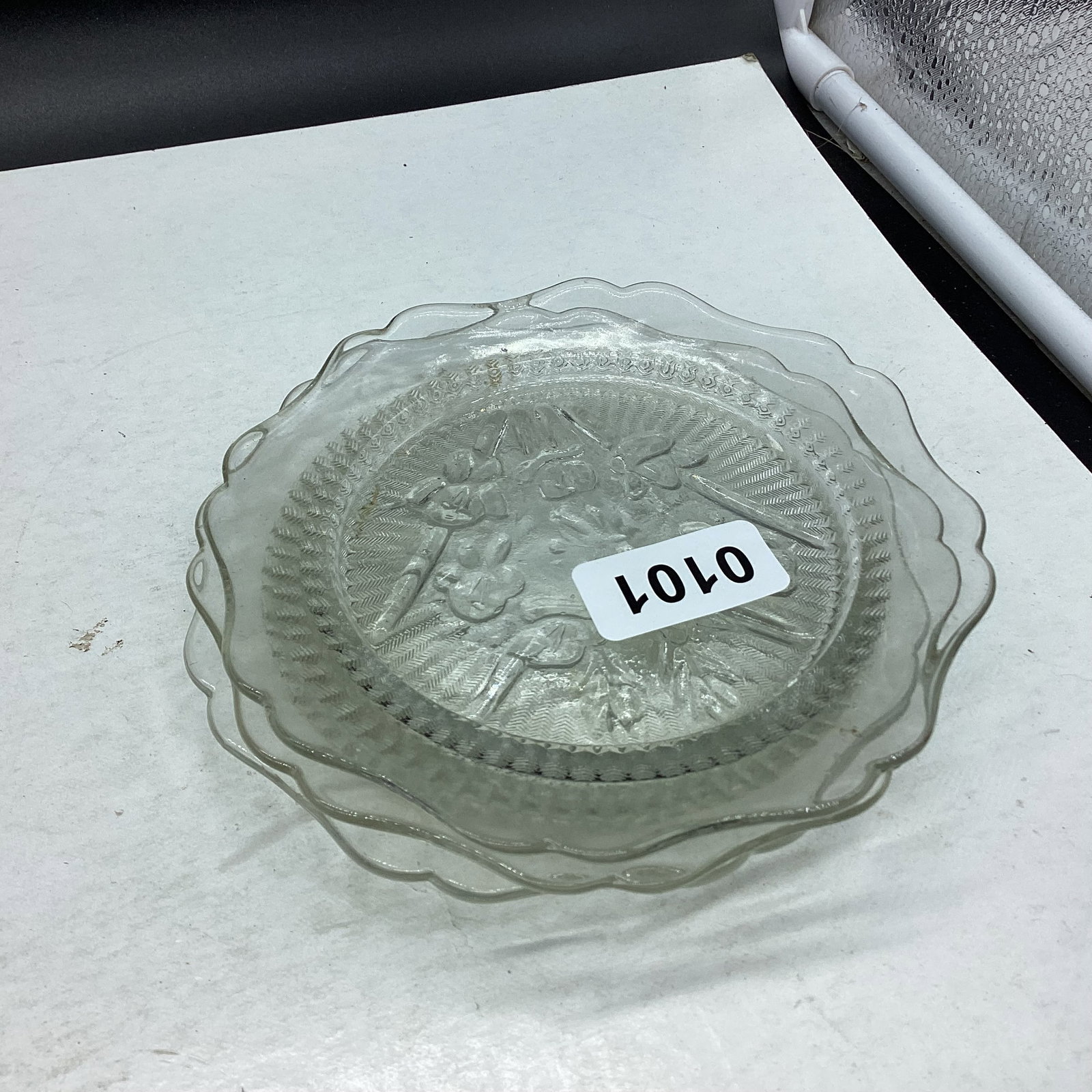 3 DEPRESSION IRIS & HERRINGBONE BREAD & BUTTER PLATES: 6" WIDE GOOD SHAPE