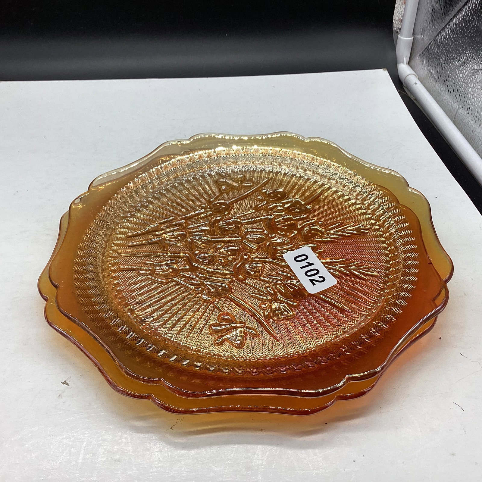 2 DEPRESSION IRIS & HERRINGBONE DINNER PLATES: 9 1/4" WIDE GOOD SHAPE