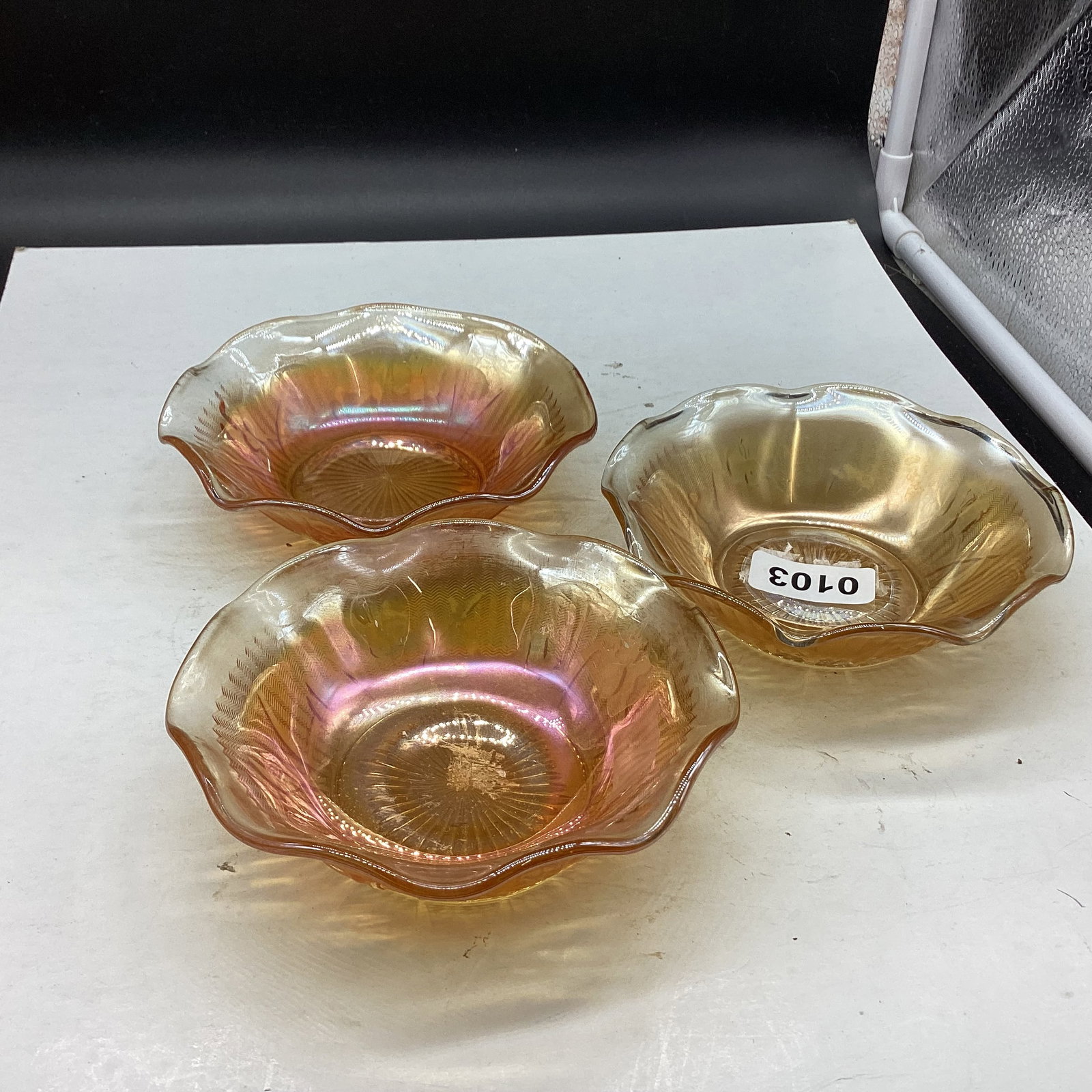 3 DEPRESSION IRIS & HERRINGBONE CEREAL BOWLS: 5 1/4" WIDE GOOD SHAPE