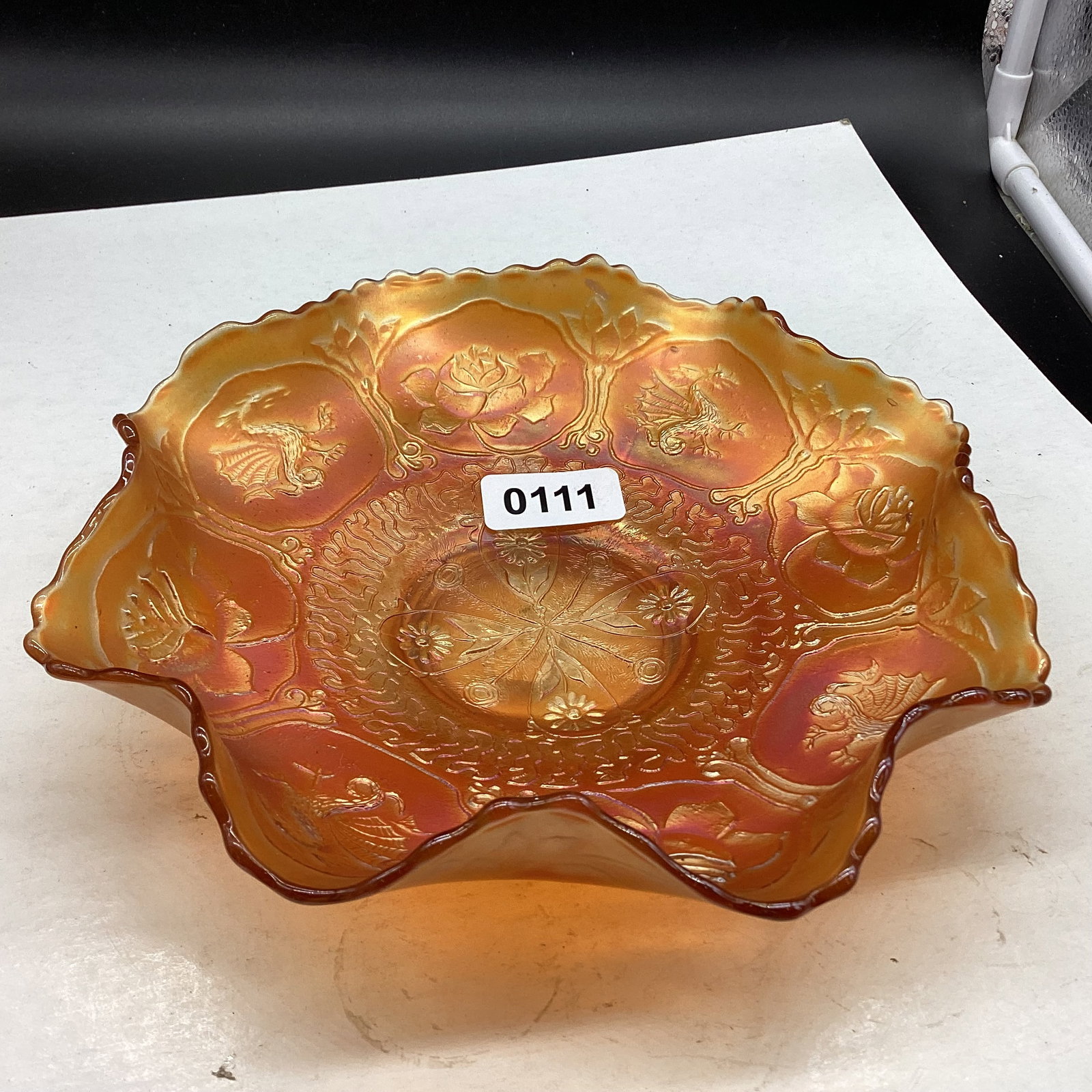 VINTAGE DRAGON& LOTUS CARNIVAL BOWL: 2 1/2 X 9 GOOD SHAPE