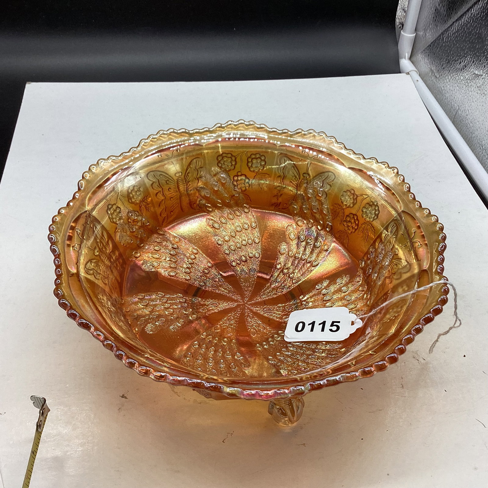 FENTON FAN TAIL ON INSIDE BUTTERFLY & BERRY FOOTED CARNIVAL BOWL (1 of 2)