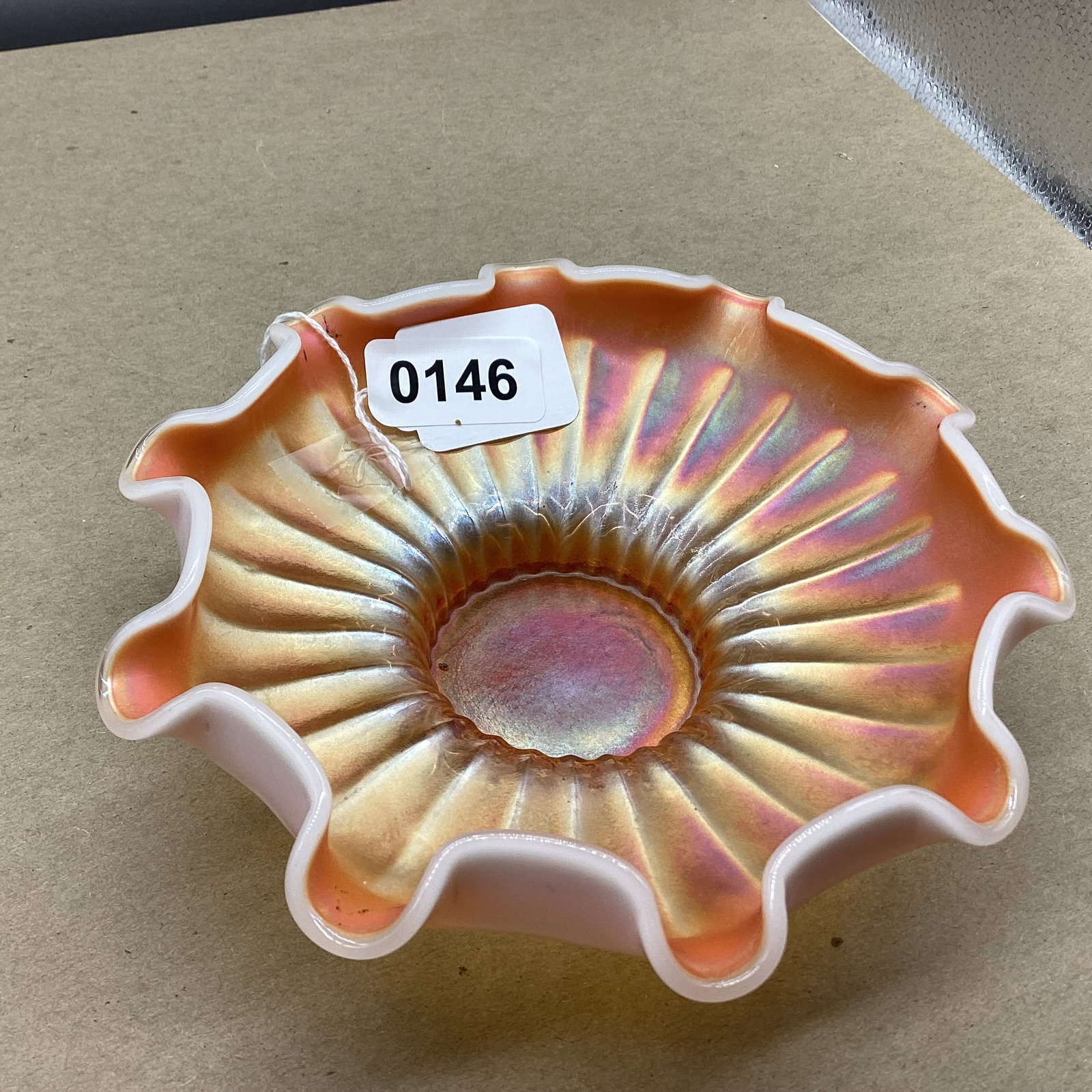 VINTAGE DUGAN GLASS SINGLE FLOWER FRAMED PEACH OPALSCENT BOWL: 2 X 7 GOOD SHAPE