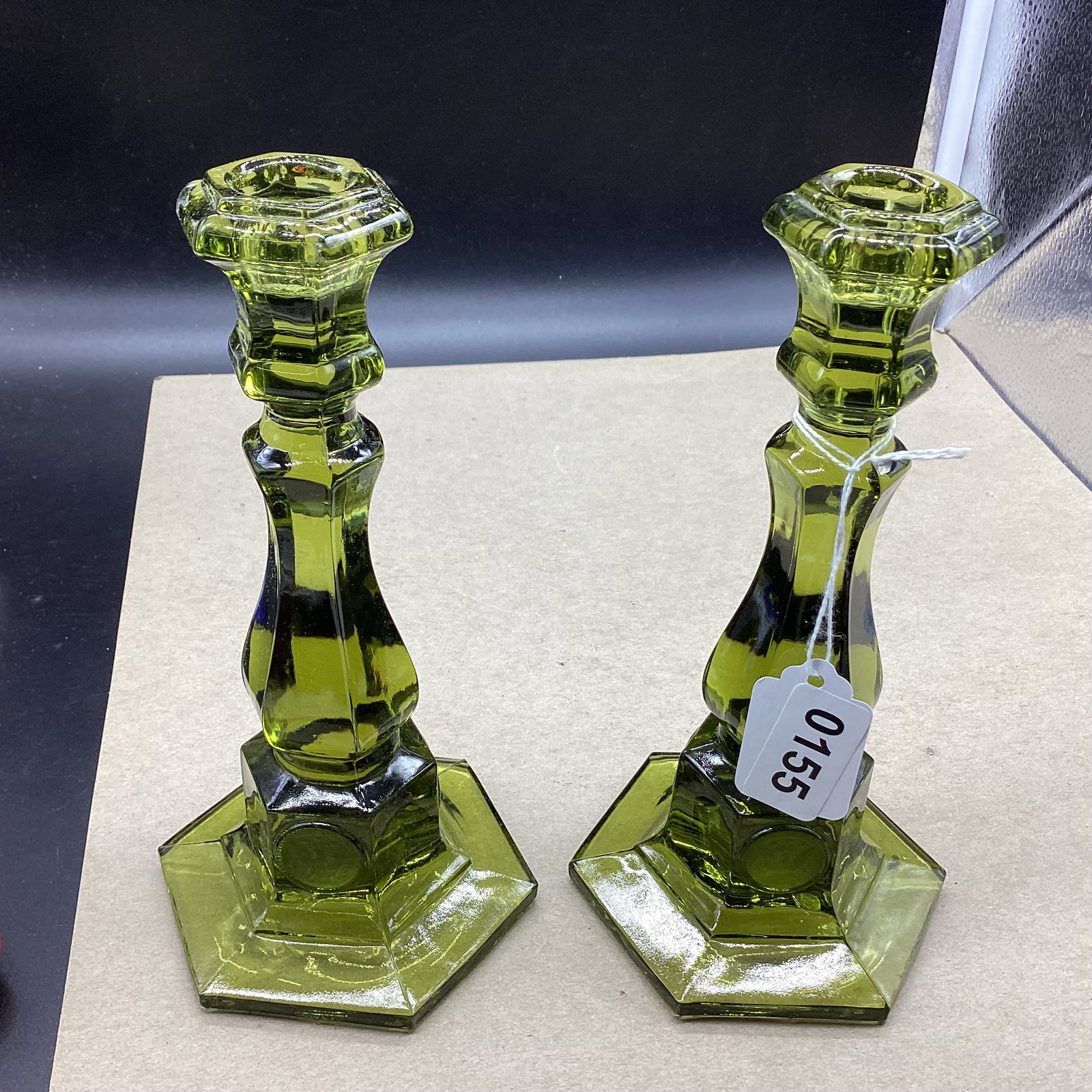 PAIR OF COIN GLASS CANDLESTICKS: 8"TALL GOOD SHAPE