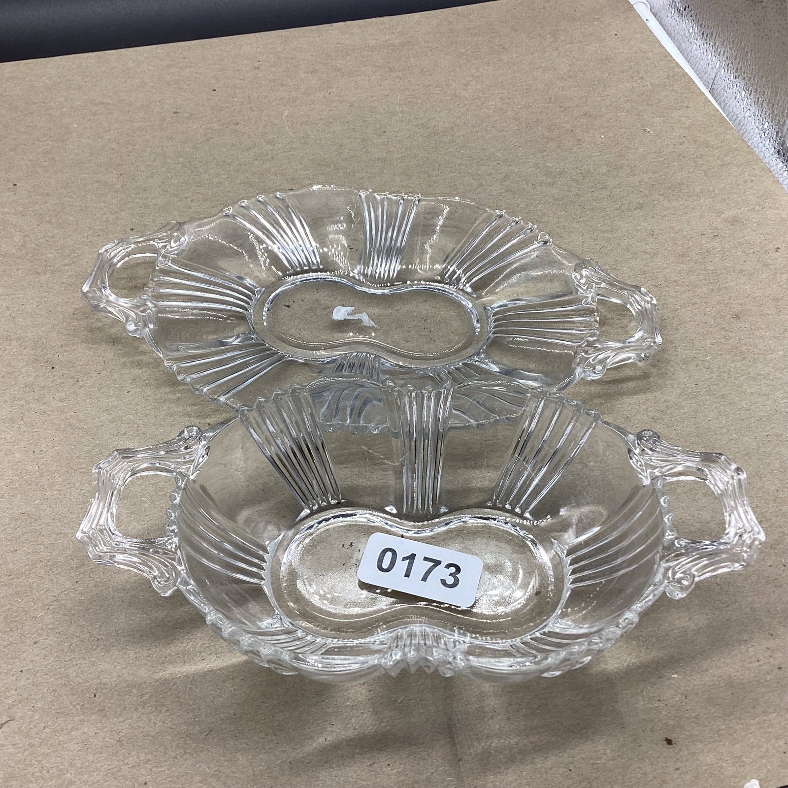 FOSTORIA SUN RAY RELISH DISH & TRAY: 5 1/2 X 8 1/2 GOOD SHAPE