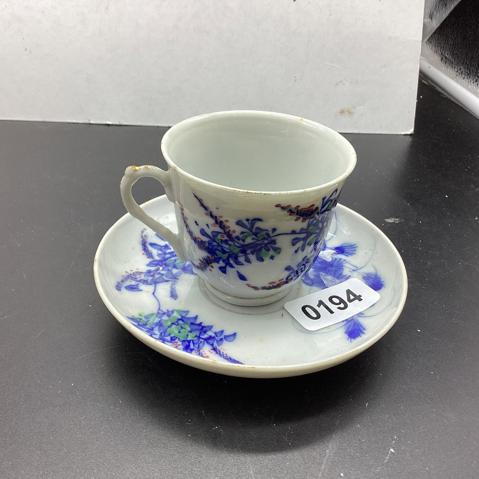 DEMITASSIE PORCELLIAN BLUE & WHITE CUP & SAUCER: GOOD SHAPE