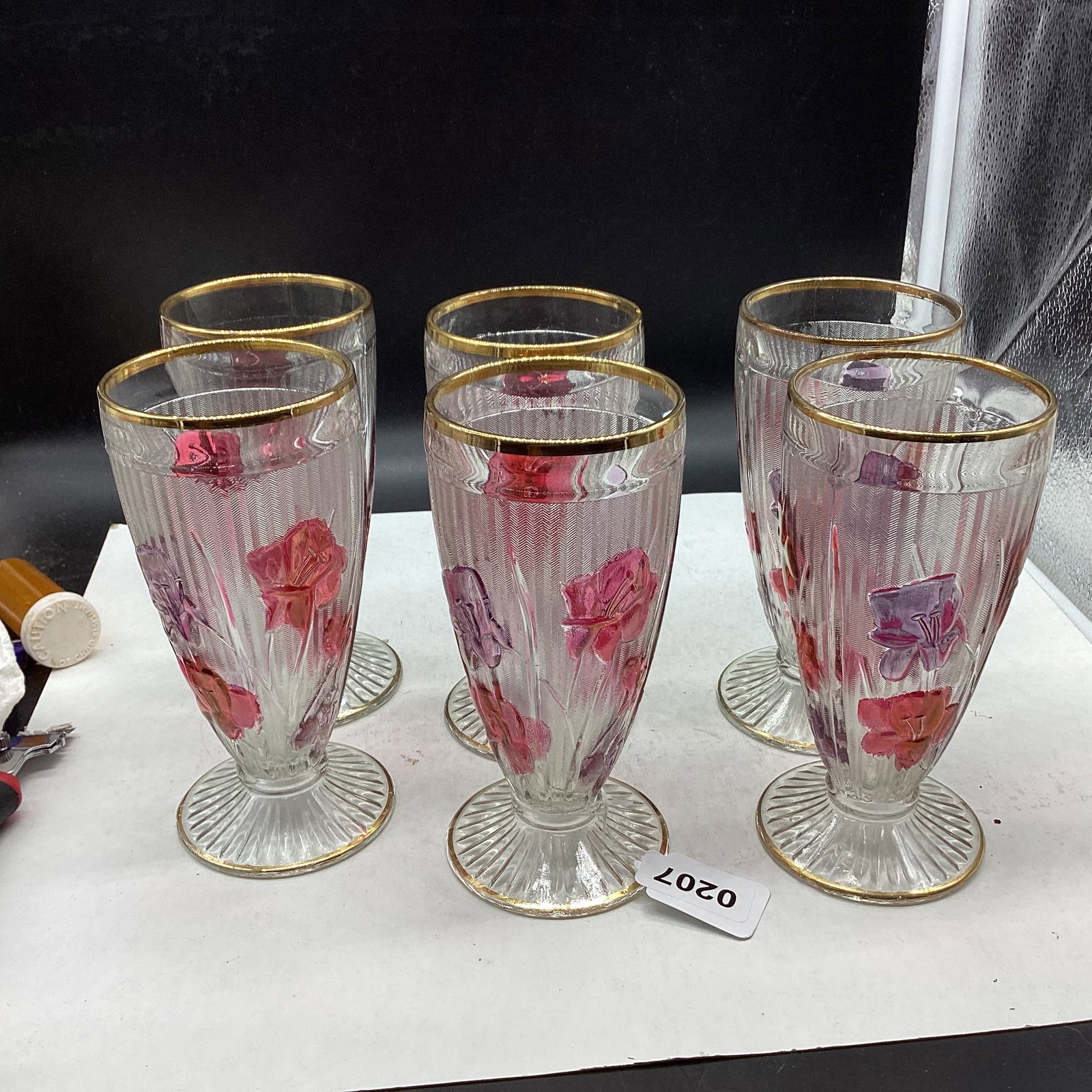 6 DEPRESSION IRIS & HERRINGBONE LARGE TEA GLASSES W/RUBY RED PAINTED FLOWER: 6 1/2" TALL GOOD SHAPE