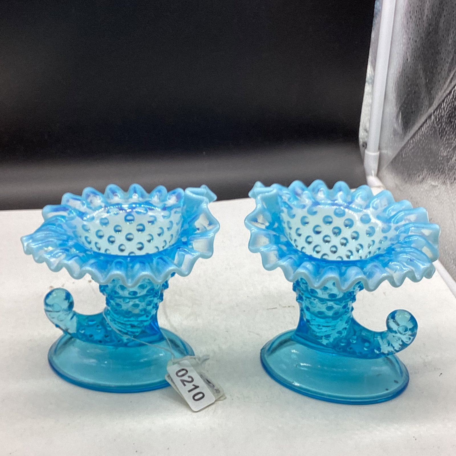 PAIR FENTON OPALESCENT HOBNAIL CANDLE HOLDERS