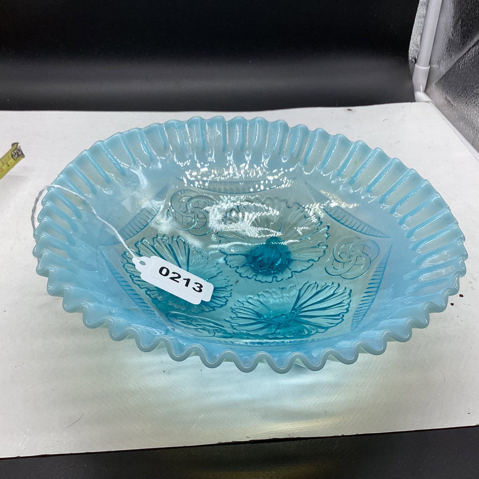 BLUE OPALESCENT FOOTED RUFFLES & RINGS CARNIVAL BOWL
