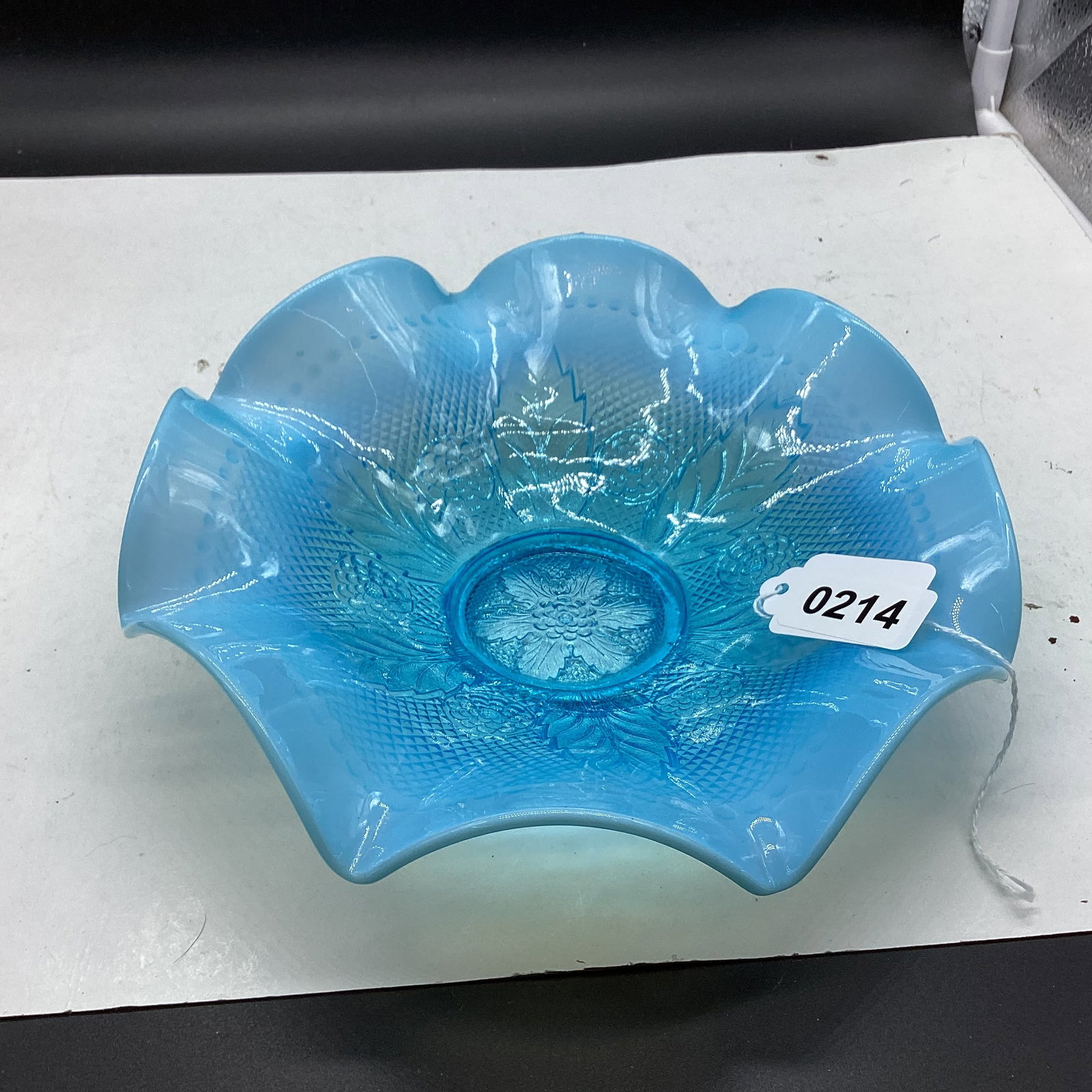 BLUE NORTHWOOD OPALESCENT LKEAF & BEADS PATTERN CARNIVAL BOWL