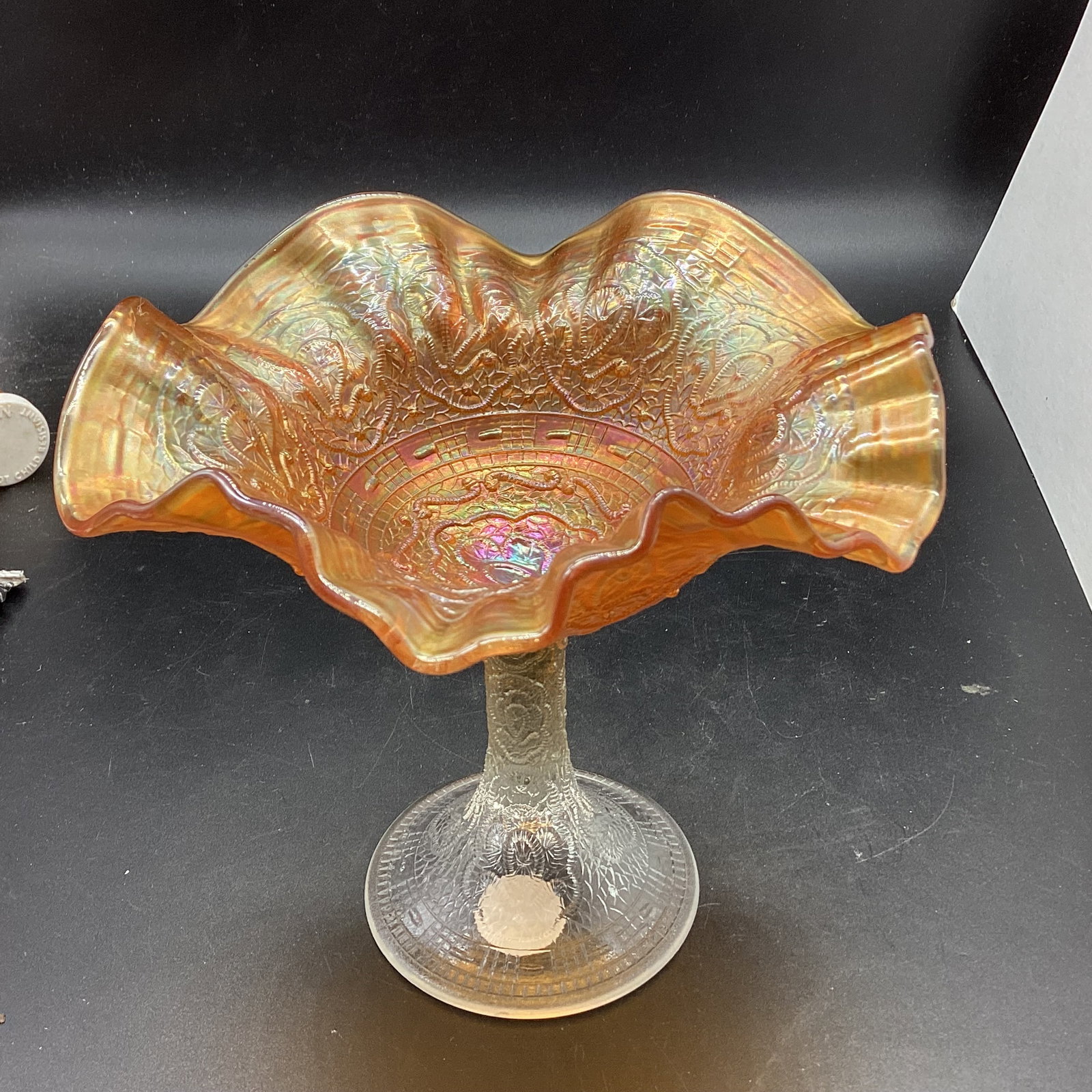 NORTHWOOD CARNIVAL HEARTS & FLOWERS PATTERN COMPOTE: 6" T X 7" W GOOD SHAPE