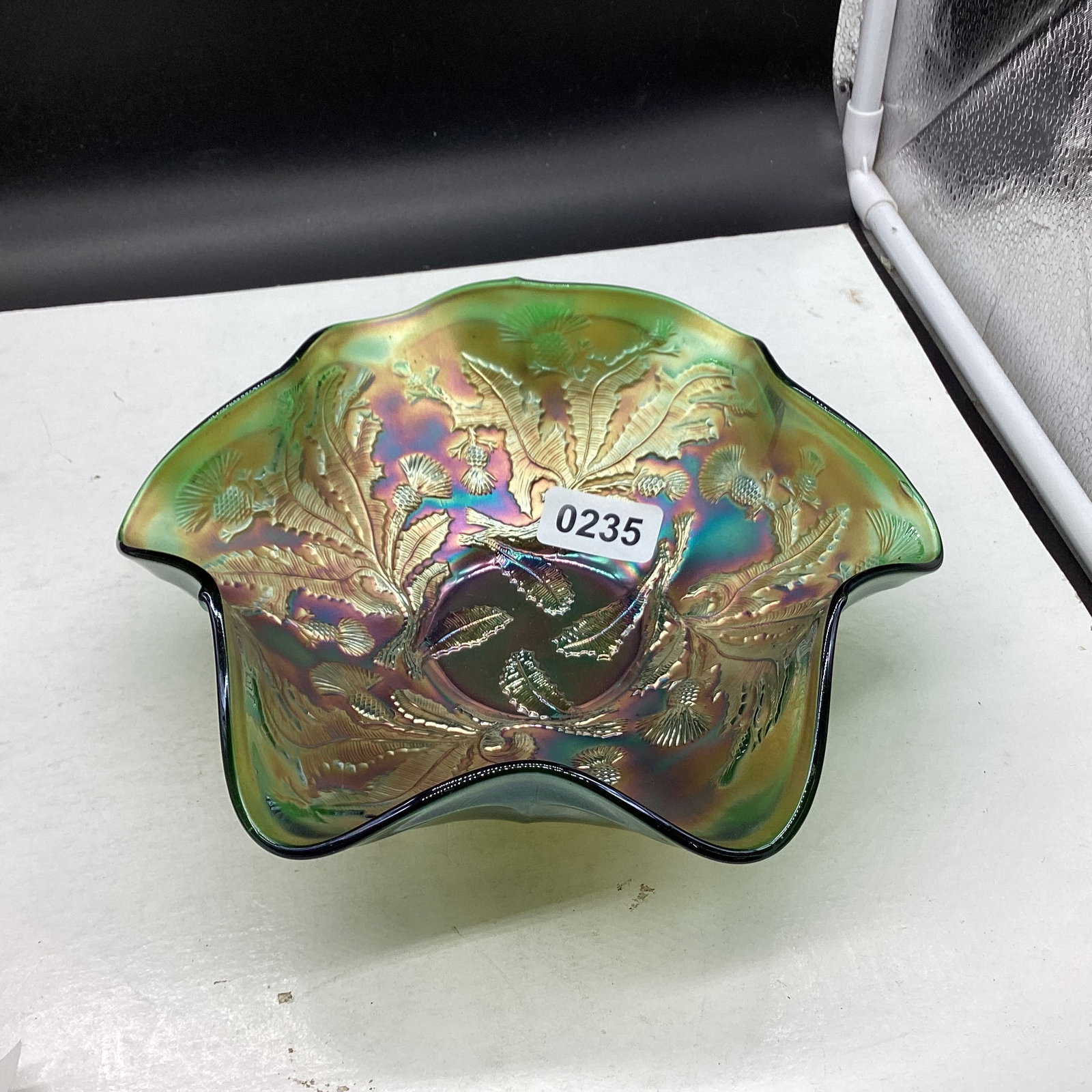 FENTON GREEN CARNIVAL THISTLE PATTERN BOWL: 3" X 8 3/4" GOOD SHAPE