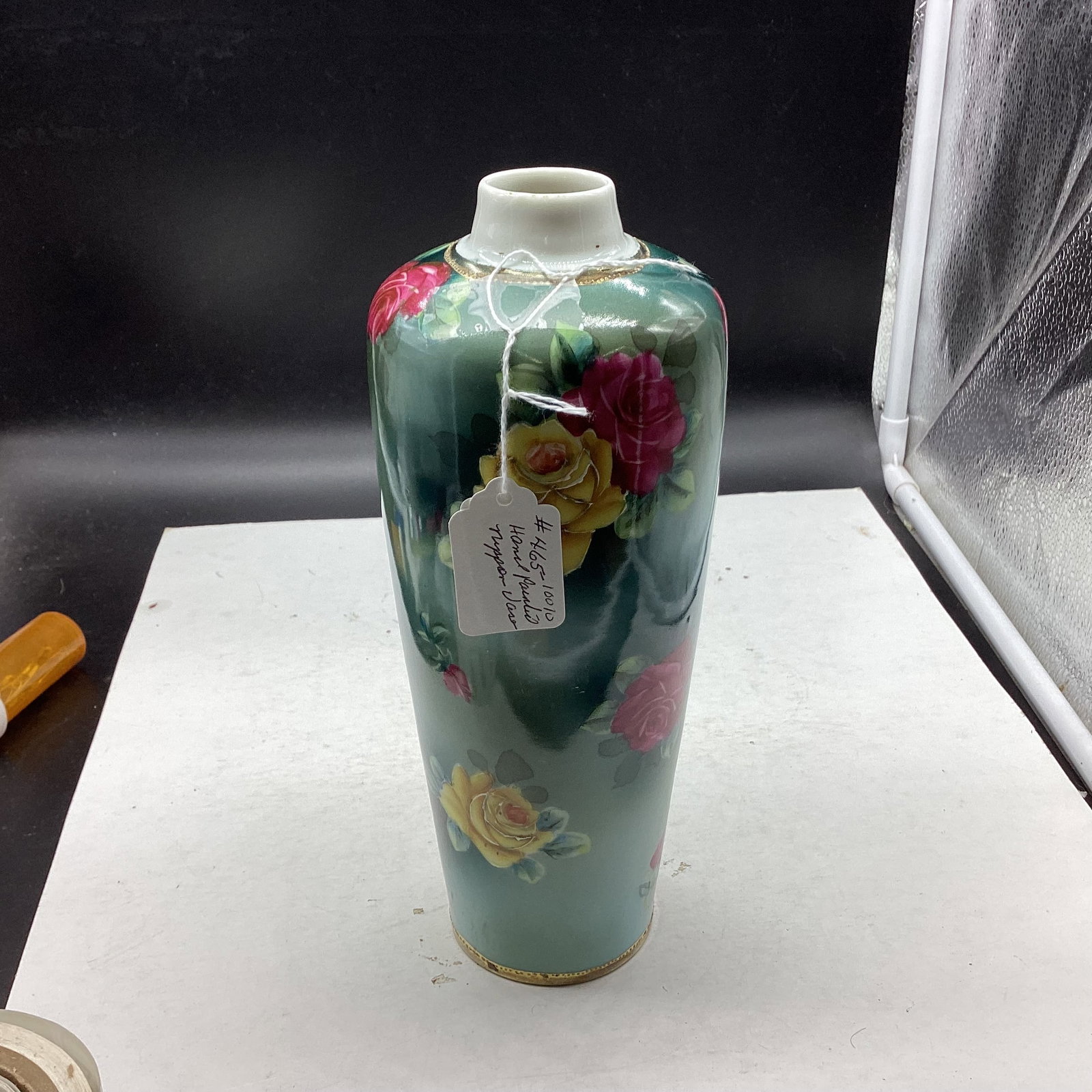 PORCELIAN HAND PAINTED NIPPON BUD VASE: 10 3/4" TALL GOOD SHAPE