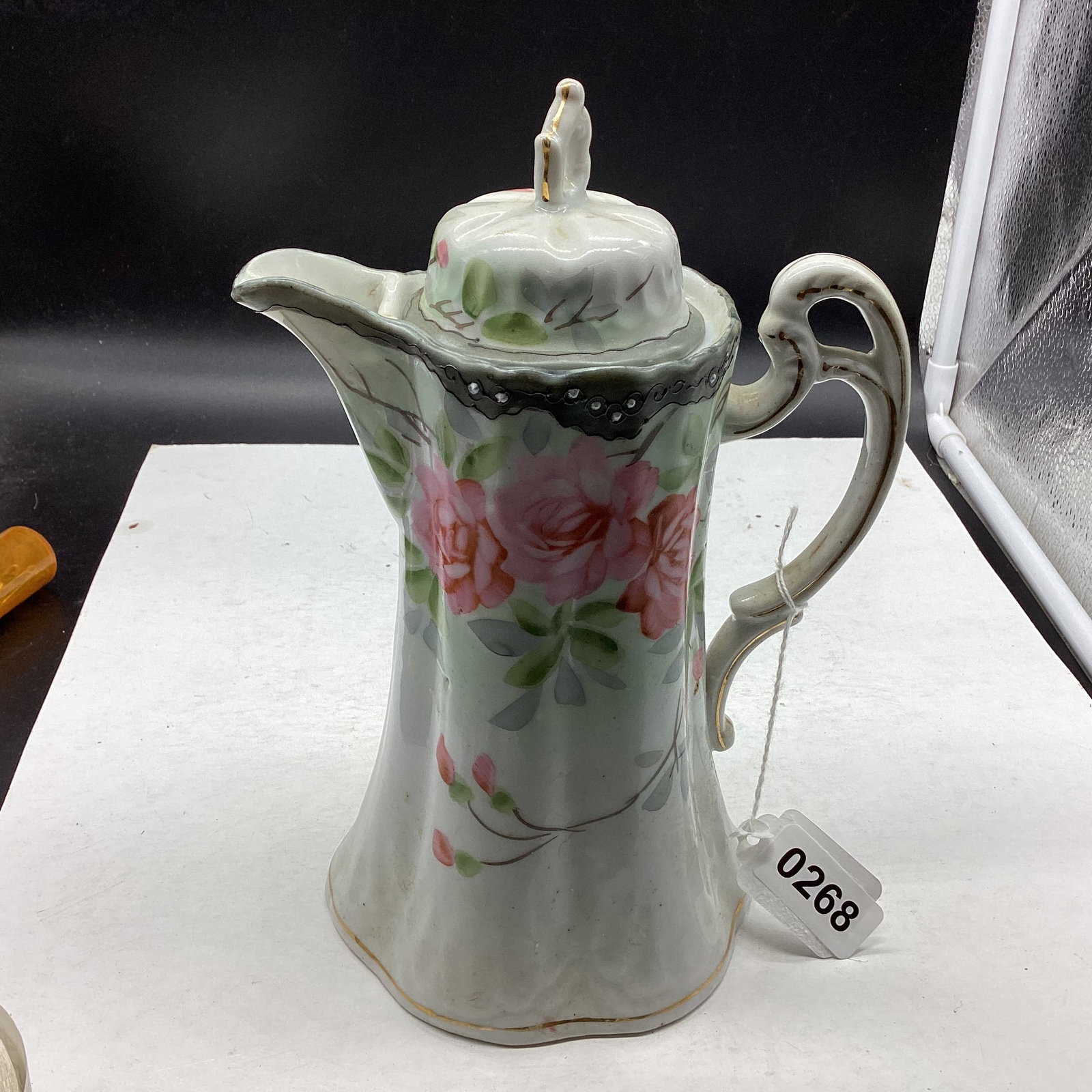 HAND PAINTED PORCELIAN CHOCOLATE POT JAPAN: 9 1/2" TALL GOOD SHAPE