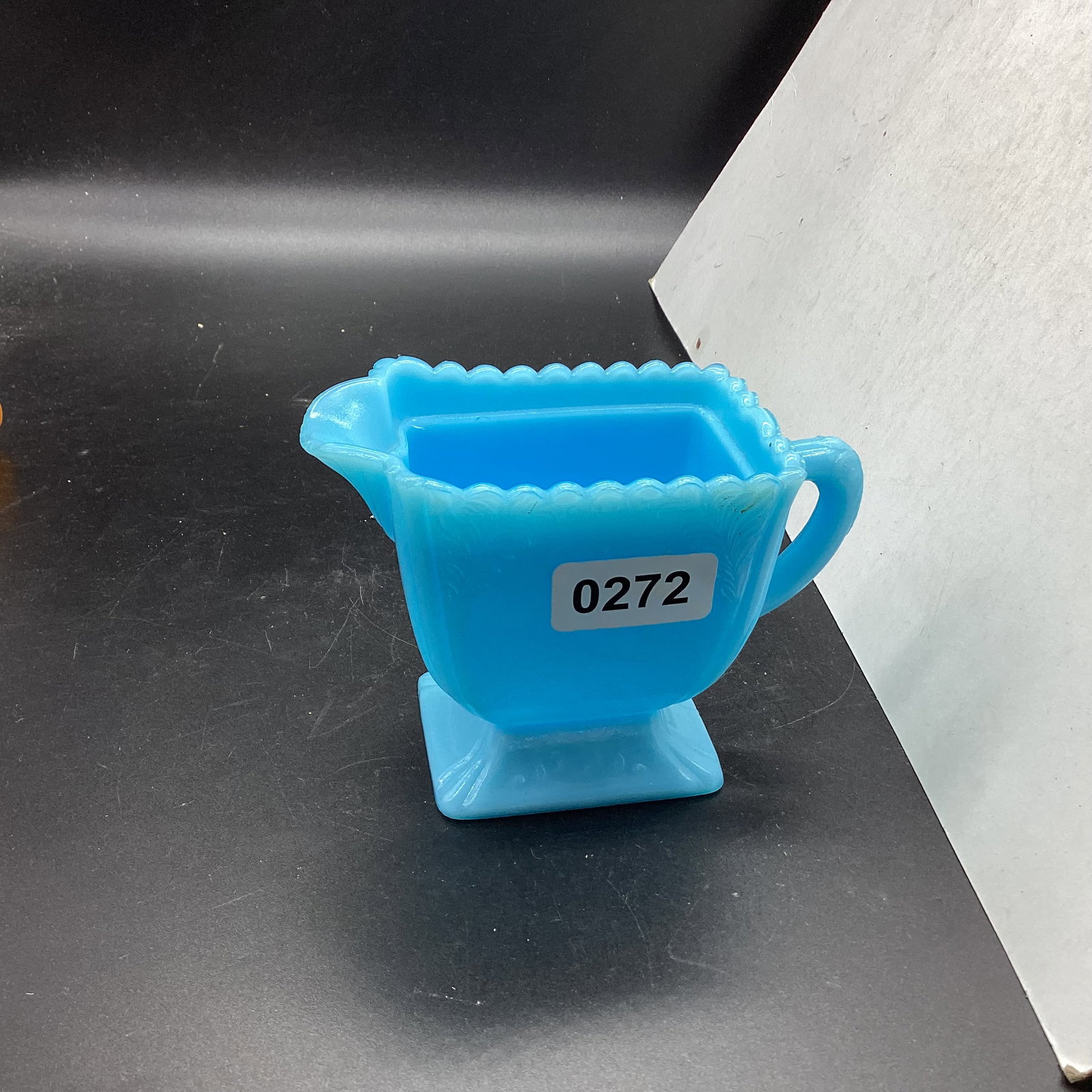VICTORIAN BLUE MILK GLASS CREAMER: 3 3/4" TALL GOOD SHAPE