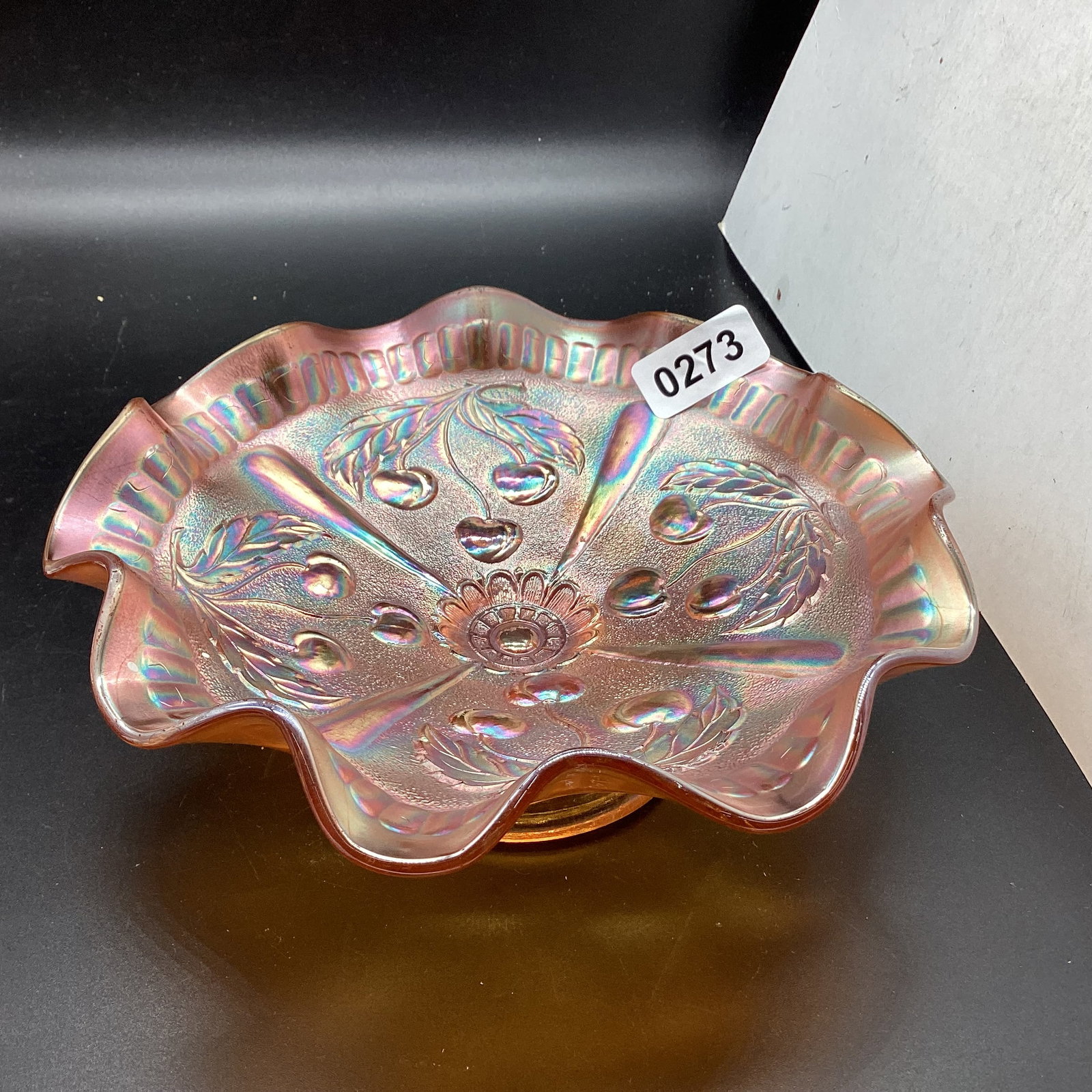 RUFFLED WEEPING CHERRIES FOOTED CARNIVAL GLASS BOWL: 3 X 8 1/2 GOOD SHAPE