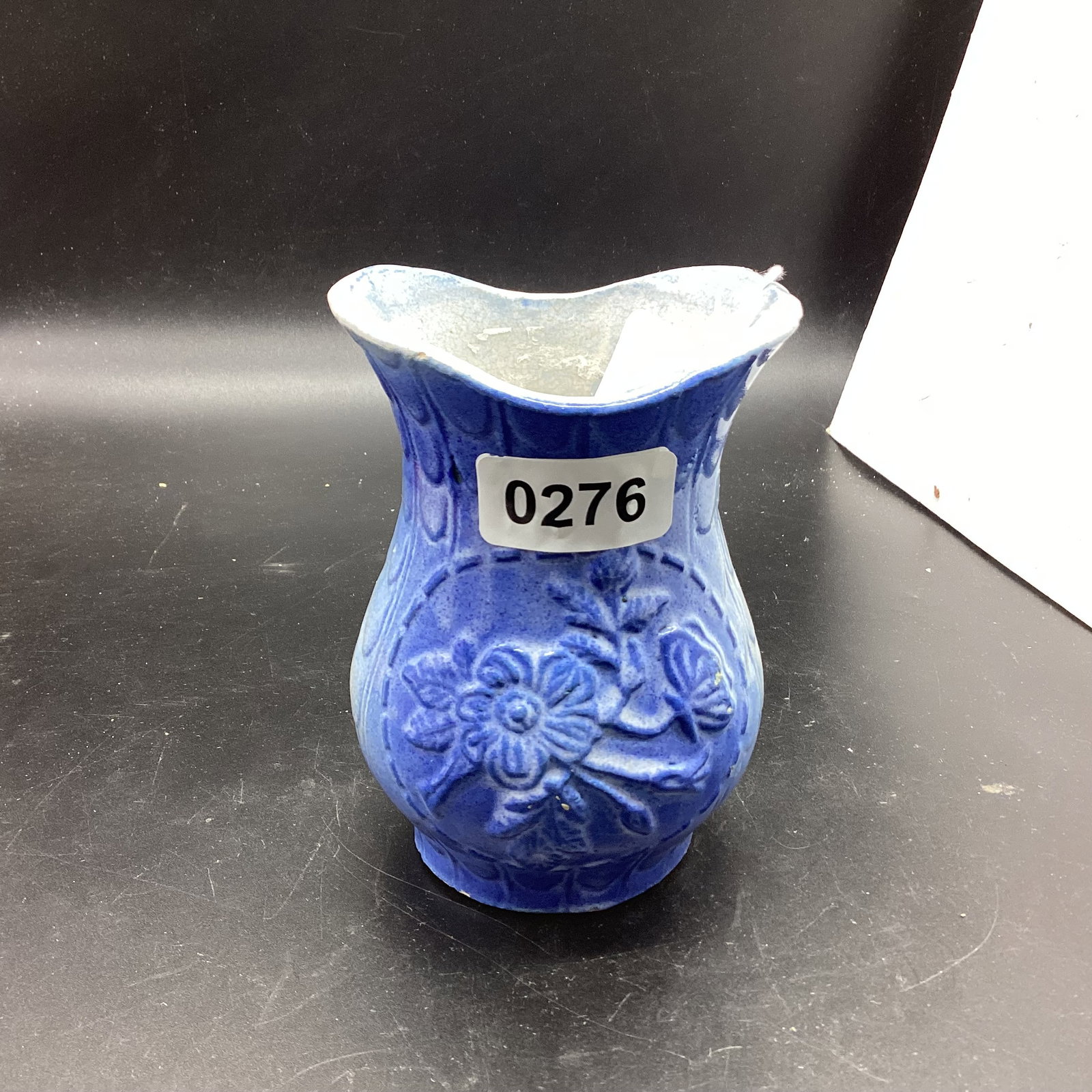 VINTAGE BLUE & WHITE STONEARE TOOTH BRUSH HOLDER: 5" TALL X 3 1/2" WIDE GOOD SHAPE