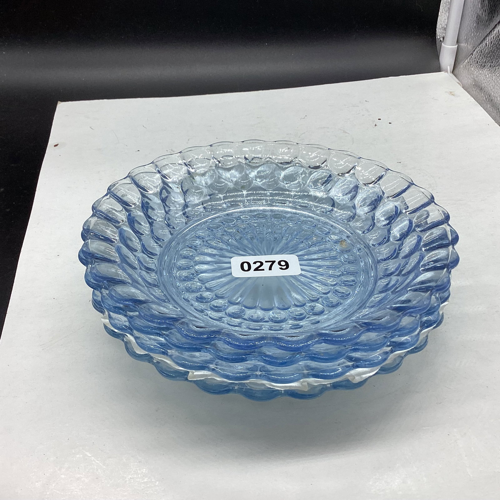 4 DEPRESSION BLUE BUBBLE FLAT SOUP BOWLS: 7 3/4" WIDE GOOD SHAPE