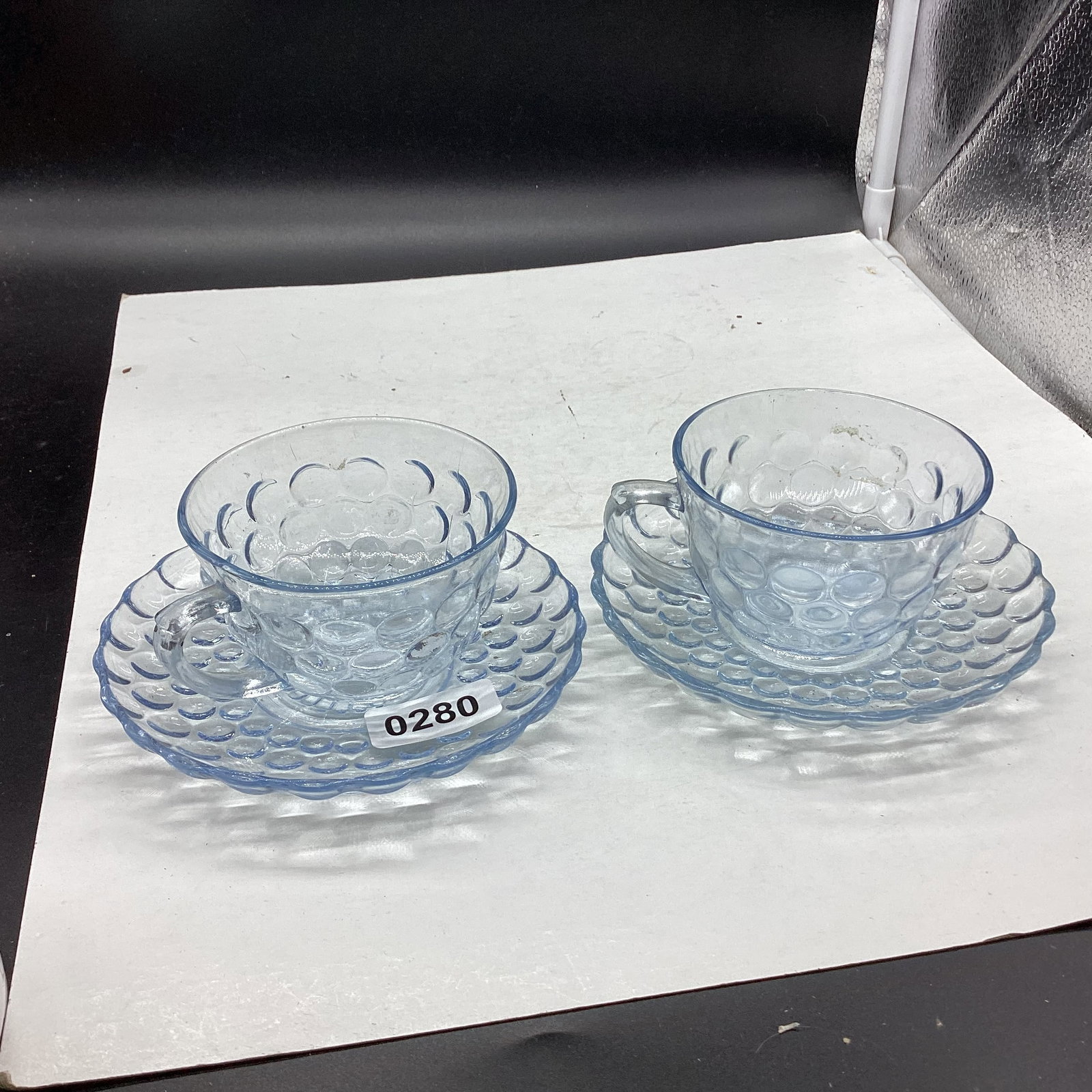 4 DEPRESSION BLUE BUBBLE CUP & SAUCERS: GOOD SHAPE