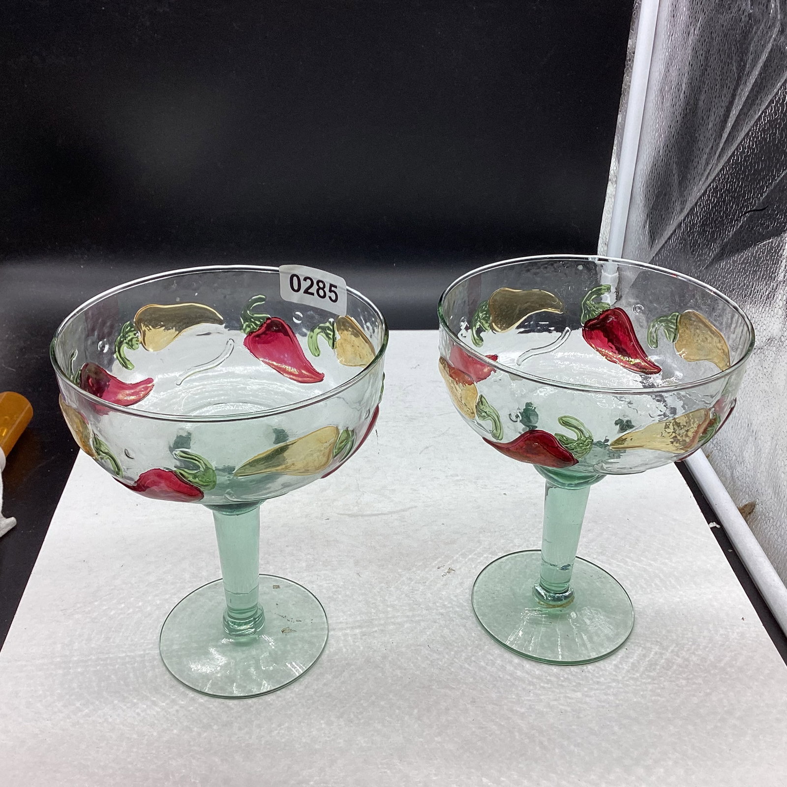 2 EMBOSSED YELLOW & RED PEPPER DESIGN MARQARITA GLASSES: 6 1/2" TALL X 5" W GOOD SHAPE