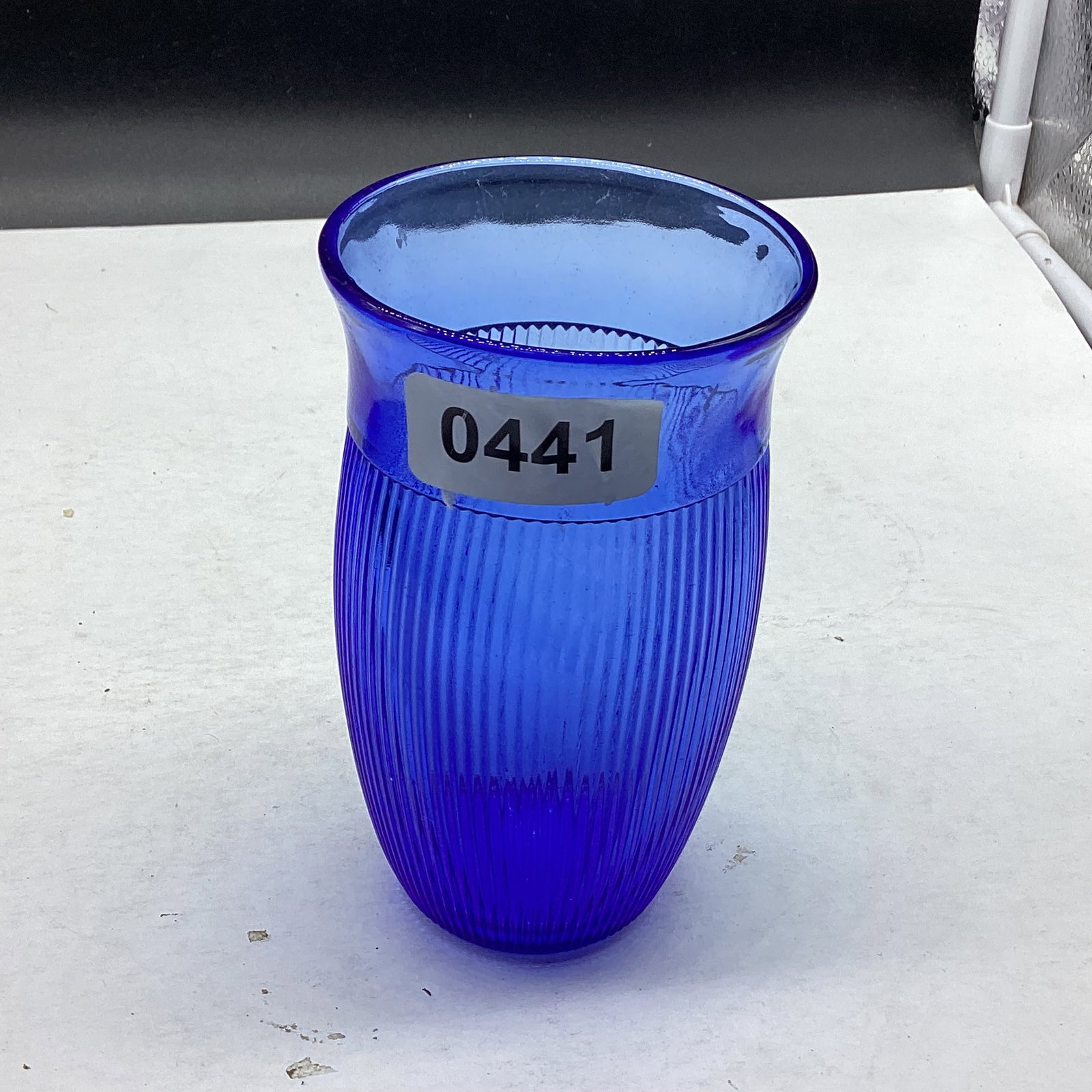 DEPRESSION BLUE FINE RIB TEA GASS: 5" TALL GOOD SHAPE