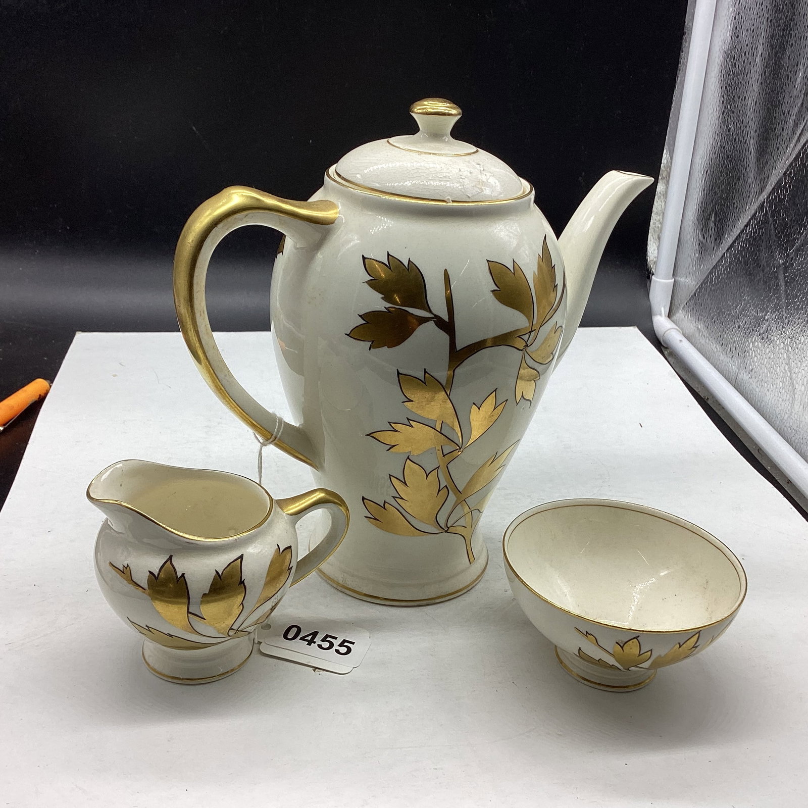 PORCELIAN CHOCLATE POT W/ SUGAR AND CREAMER GOLD TRIM ENGLAND: 7 1/2" TALL GOOD SHAPE