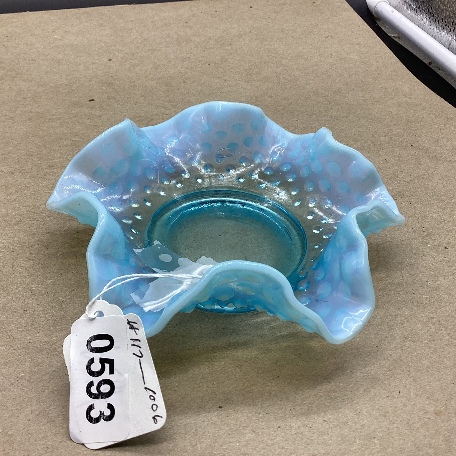 FENTON BLUE OPALSECENT HOBNAIL DISH: 1 3/4 X 5 3/4 GOOD SHAPE