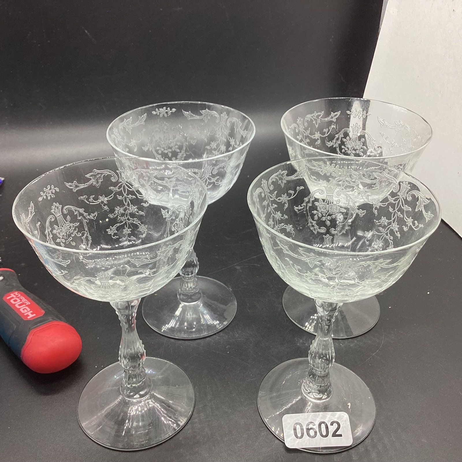 4 FOSTORIA NAVARE TALL SHERBERTS: 5 1/2" TALL GOOD SHAPE