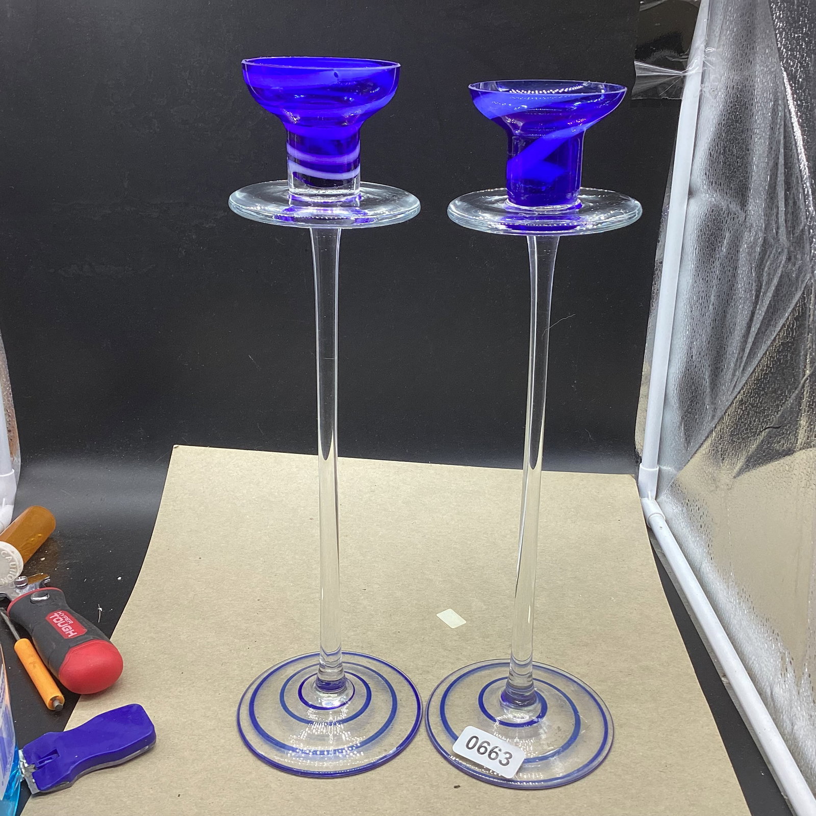 PAIR TALL STEM CANDLE HOLDERS: 14" TALL GOOD SHAPE