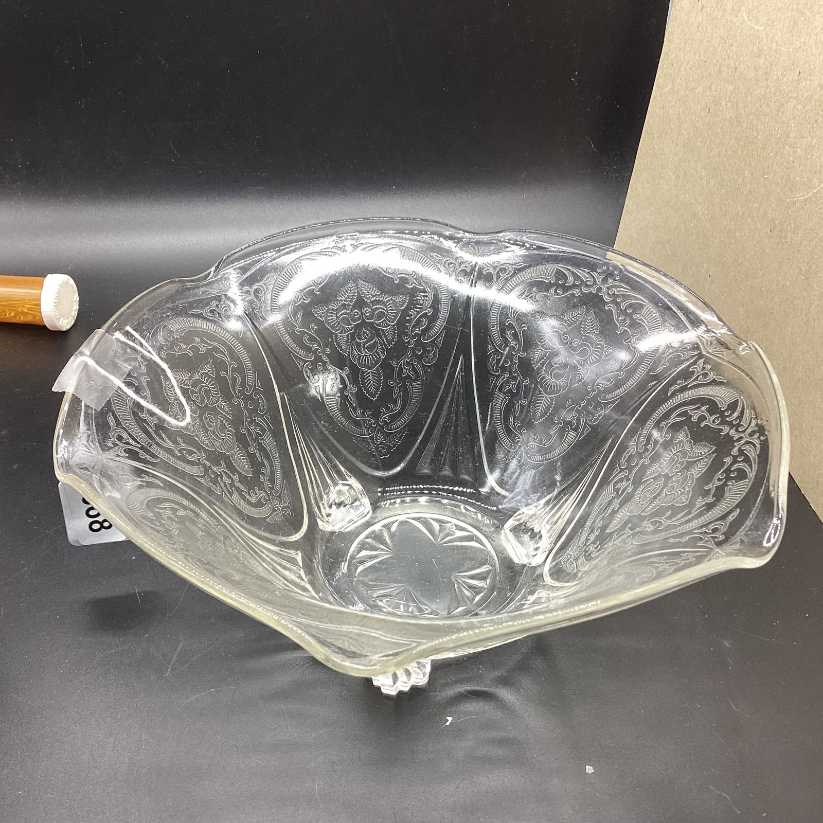 DEPRESSION ROYAL LACE RUFFLED BOWL: 4" T X10" W GOOD SHAPE