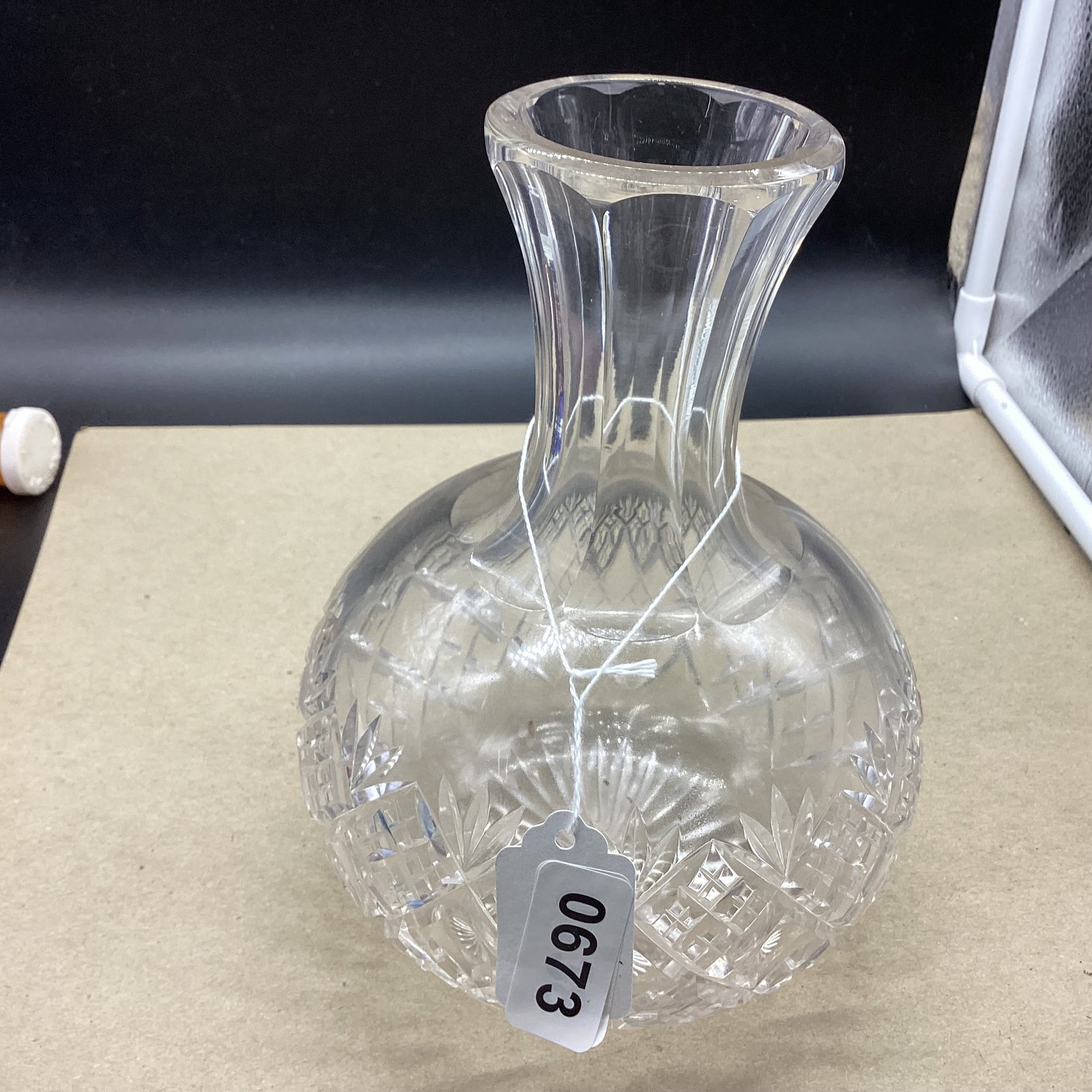 BRILIANT CUT GLASS WATER BOTTLE: 8" TALL GOOD SHAPE