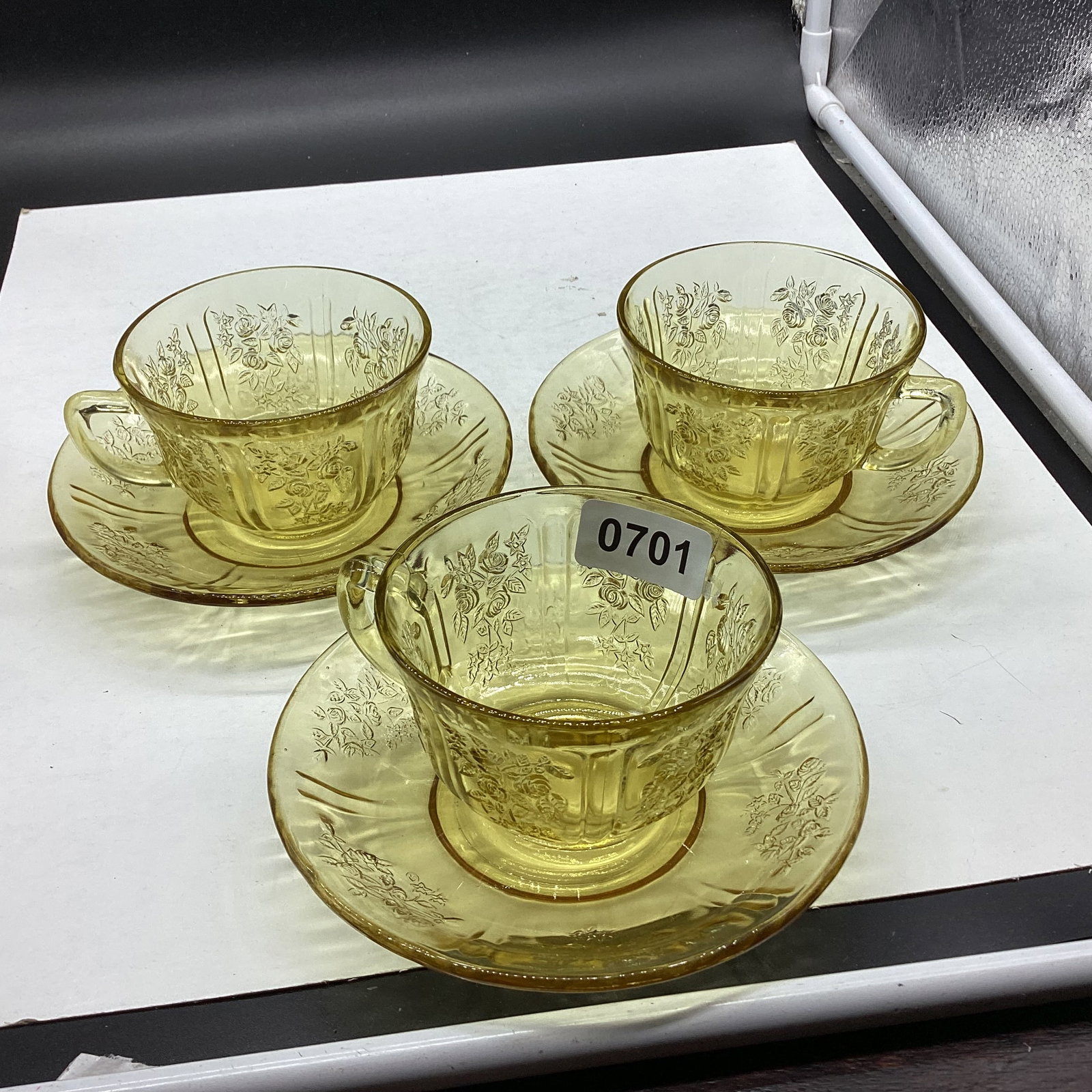 3 DEPRESSION CABBAGE ROSE CUP & SAUCERS: GOOD SHAPE