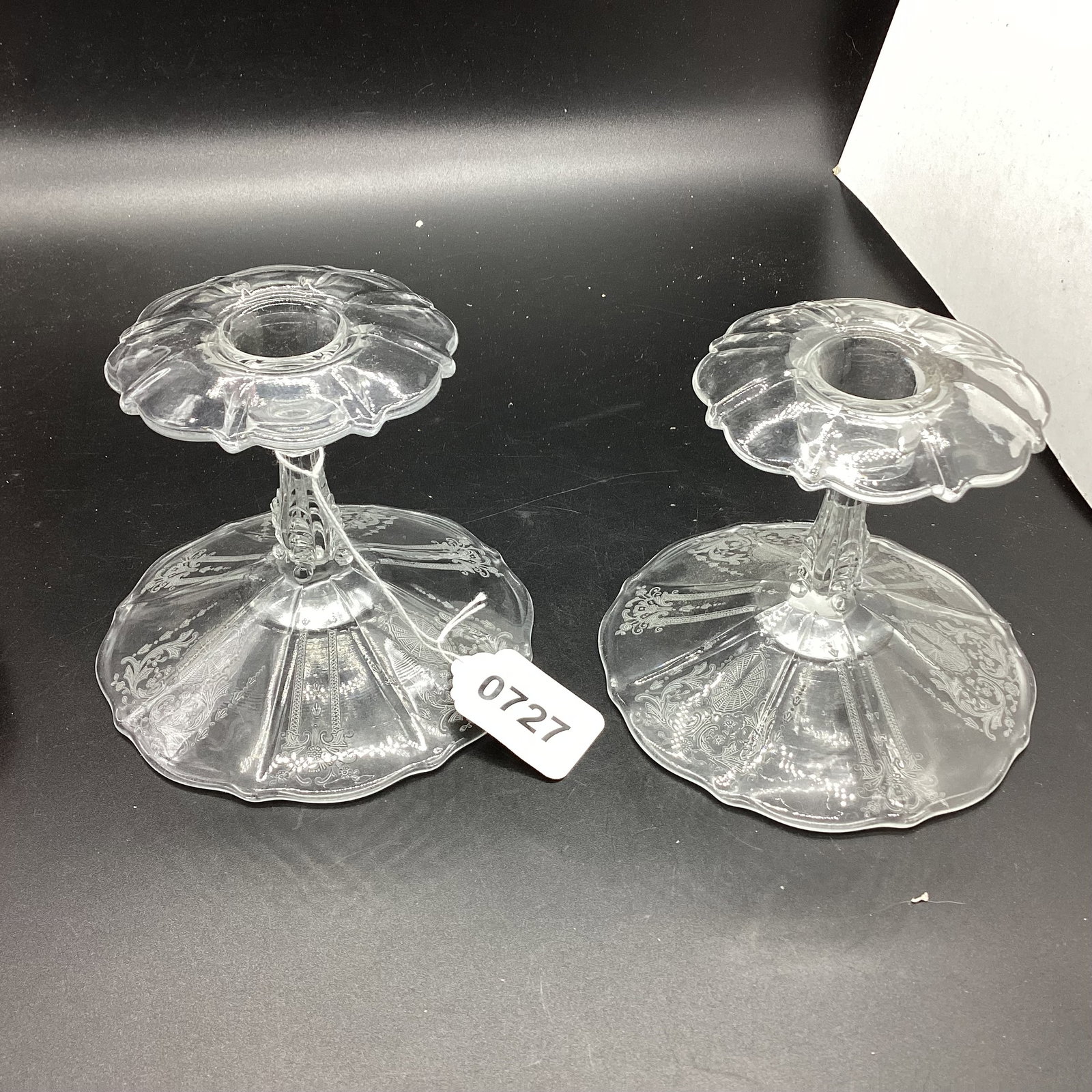 CAMBRIDGE CANDLE LIGHT PATTERN CANDLE HOLDERS: 4 X 5 GOOD SHAPE