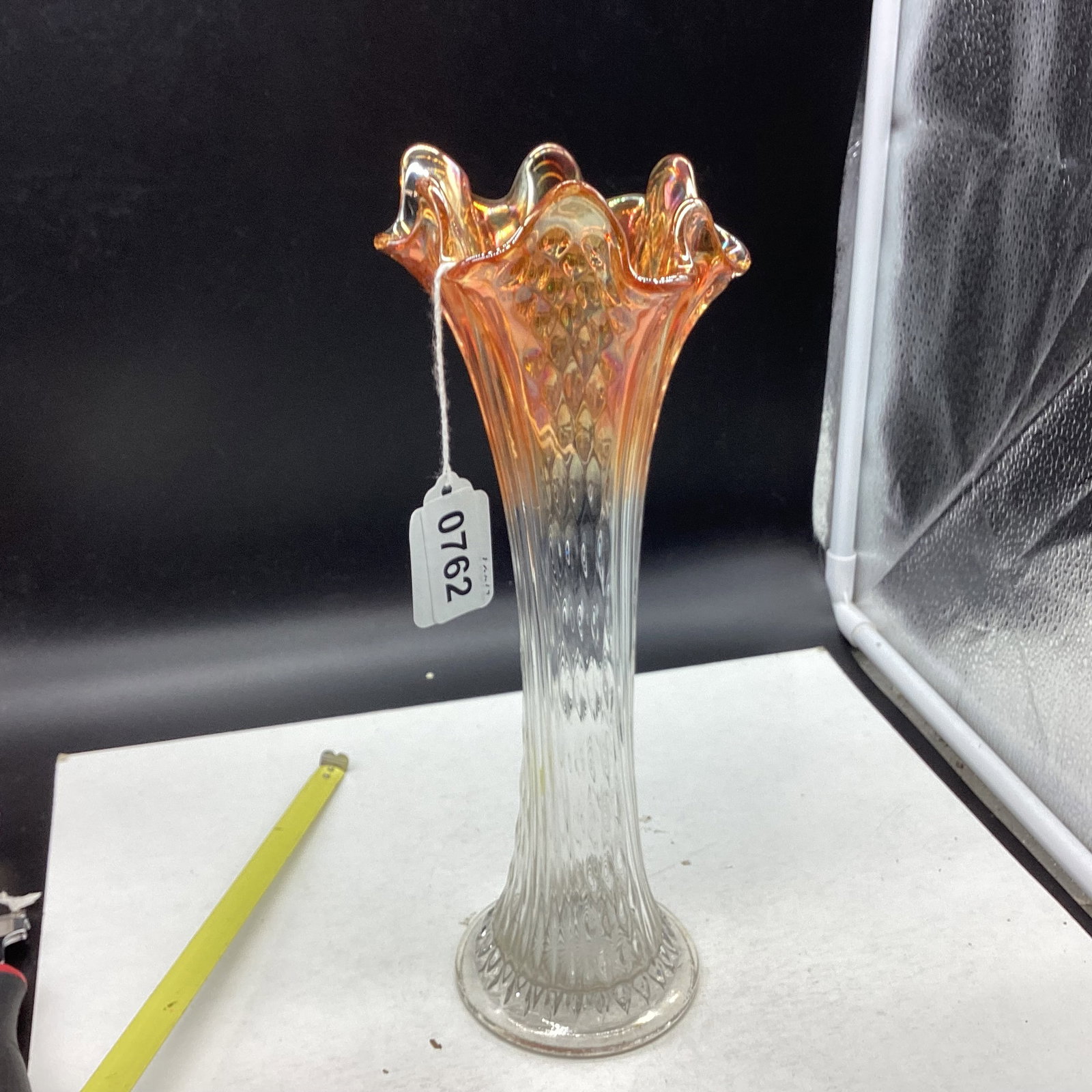 FENTON MERIGOLD CLEAR SWUG STRETCH DIAMOND POINT VASE: 10 1/2' TALKL GOOD SHAPE